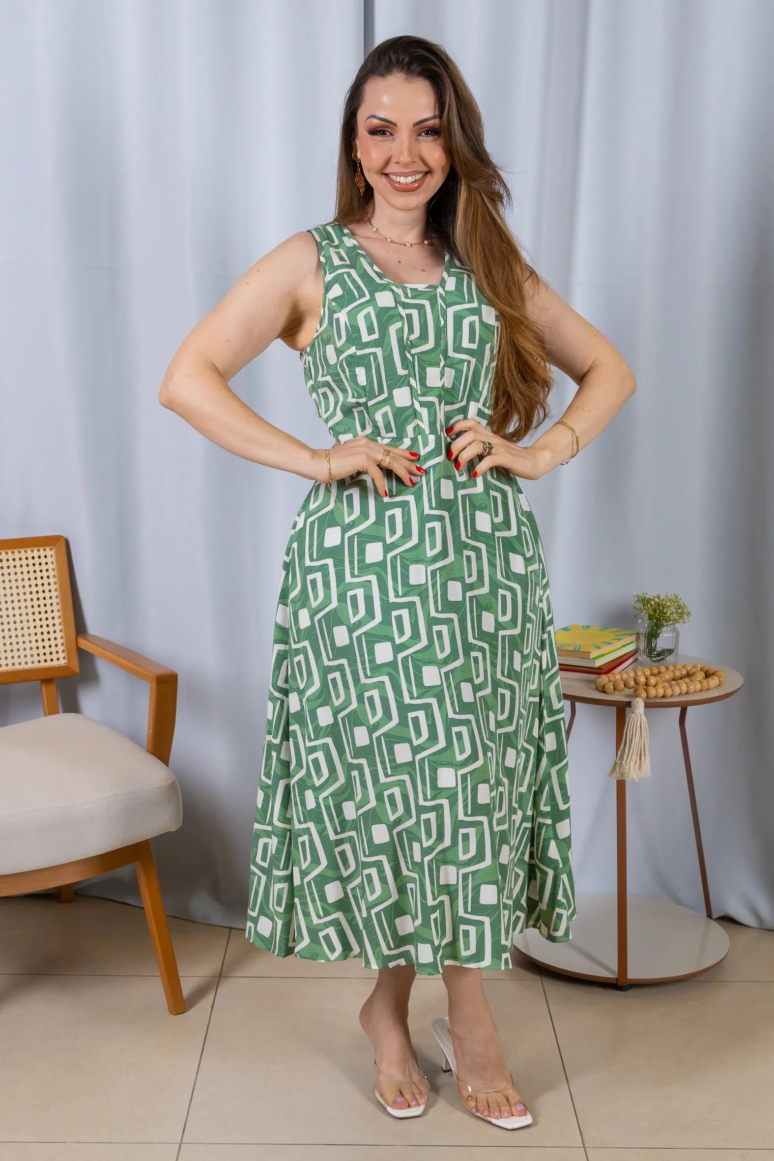 Vestido Midi Regata Viscose Ágatha Estampado Verde
