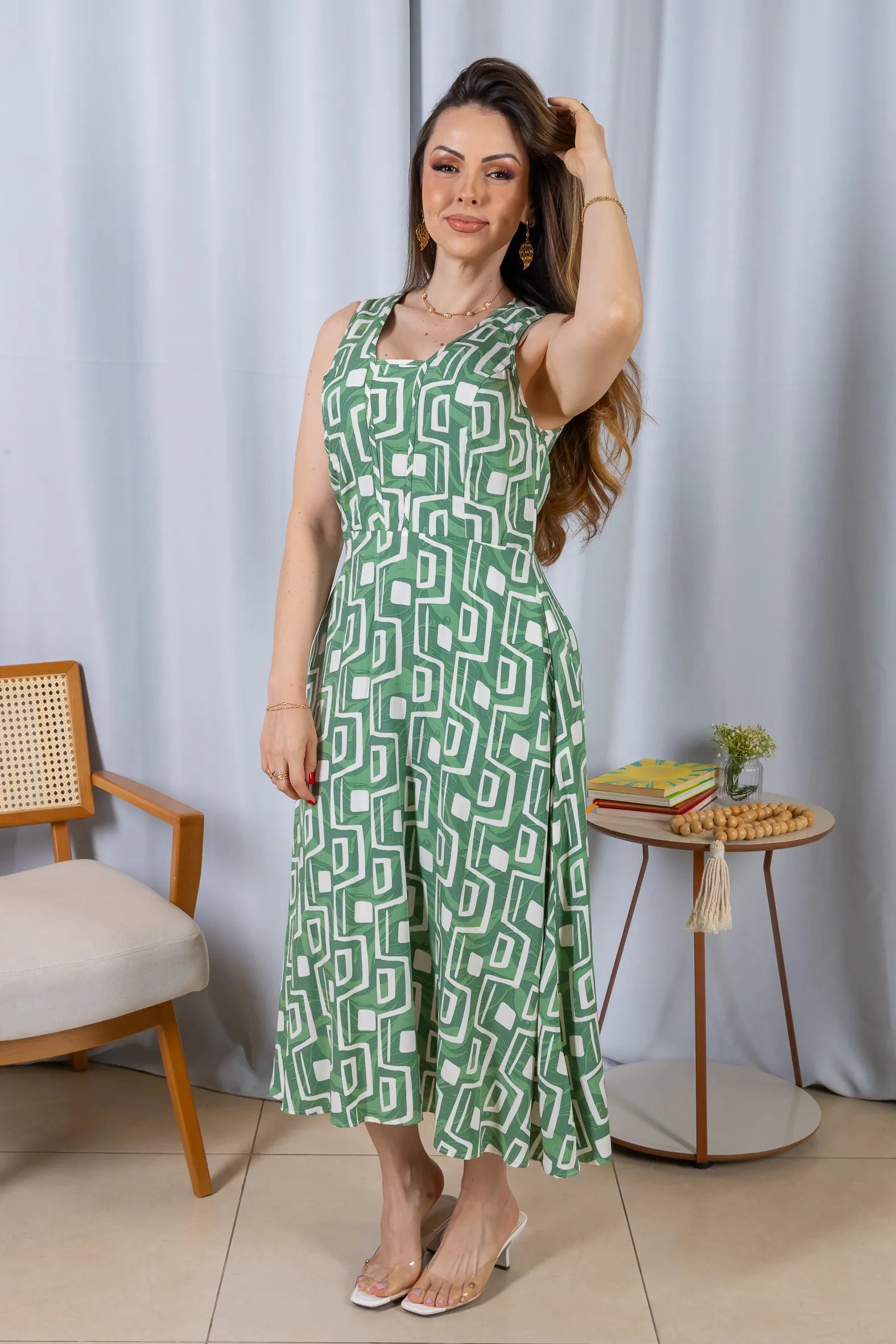 Vestido Midi Regata Viscose Ágatha Estampado Verde