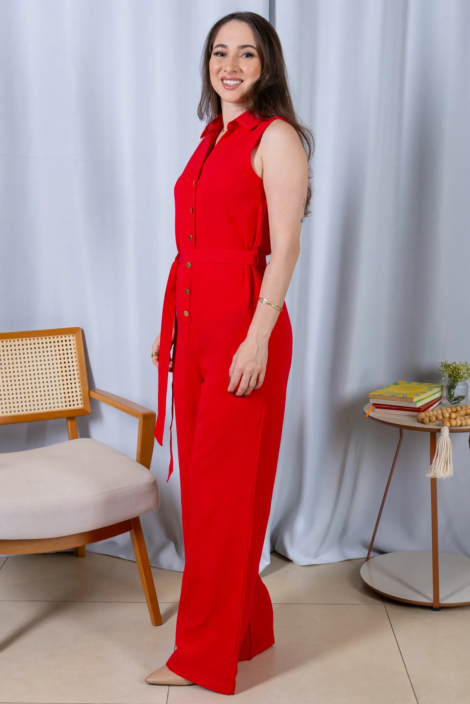 Macacão Pantalona Com Gola Detalhe Botões Visco Mix Raquel Vermelho