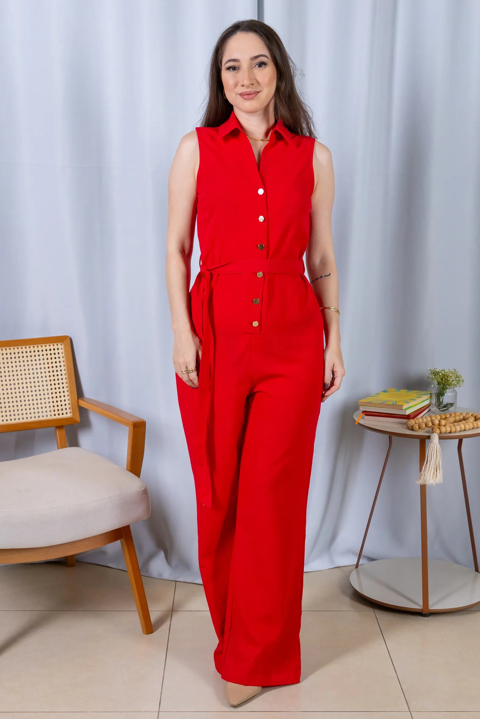 Macacão Pantalona Com Gola Detalhe Botões Visco Mix Raquel Vermelho