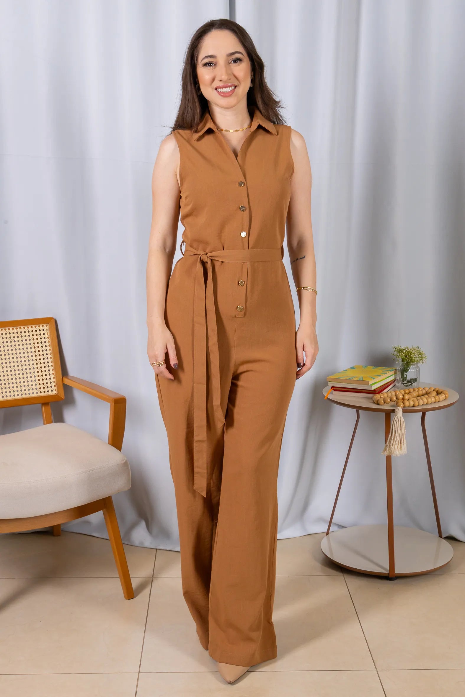 Macacão Pantalona Com Gola Detalhe Botões Visco Mix Raquel Marrom