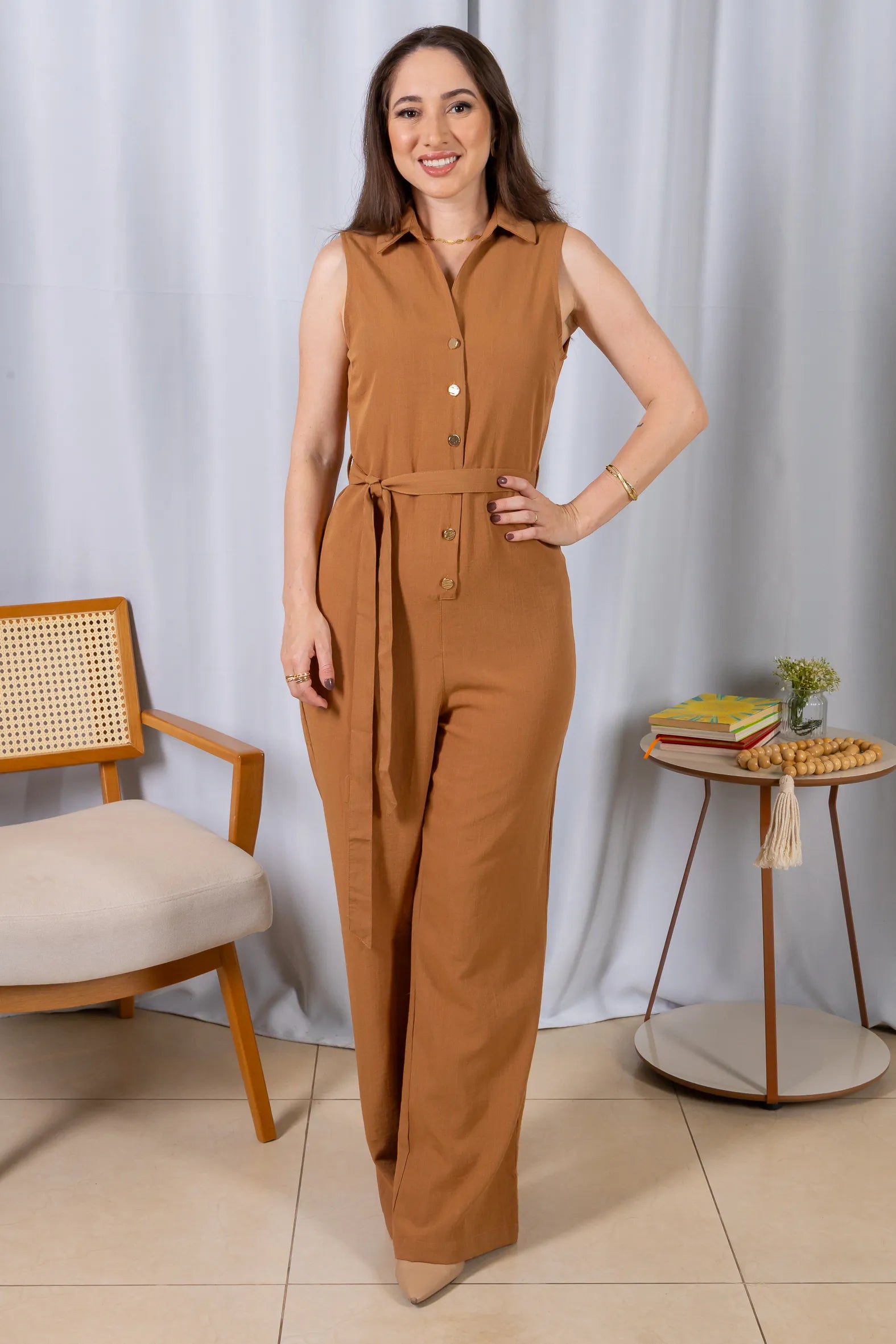 Macacão Pantalona Com Gola Detalhe Botões Visco Mix Raquel Marrom