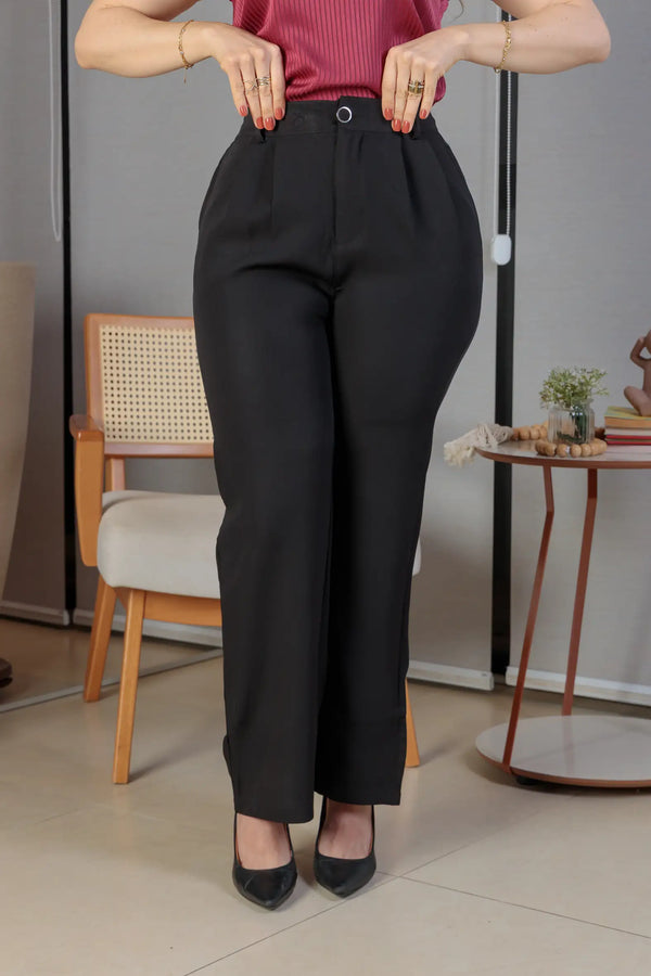 Calça Pantalona Crepe Milano Detalhe Botão Encapado Elena Preta