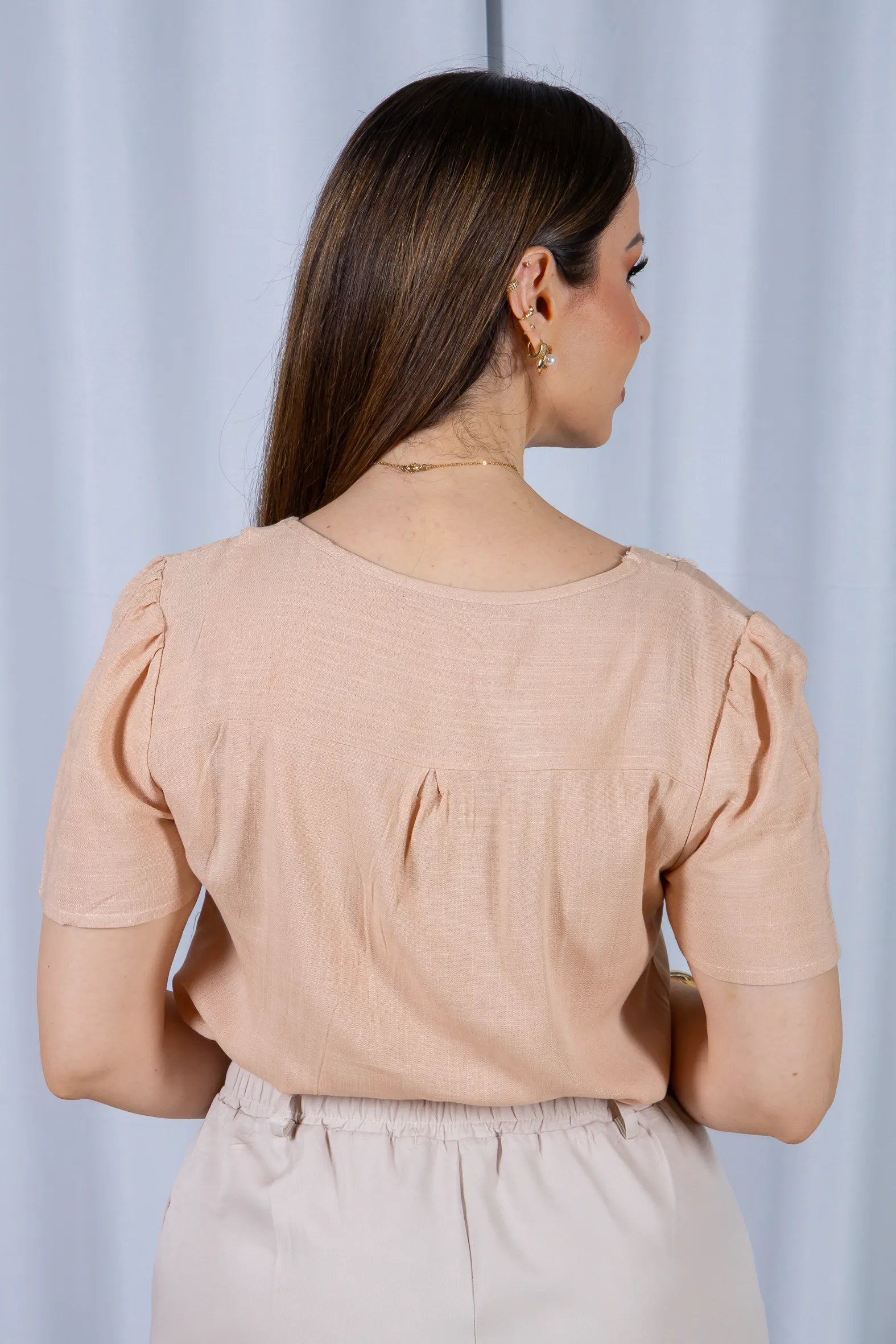 Blusa Manga Curta Colo Bordado Flores Visco Linho Elaine Rosê