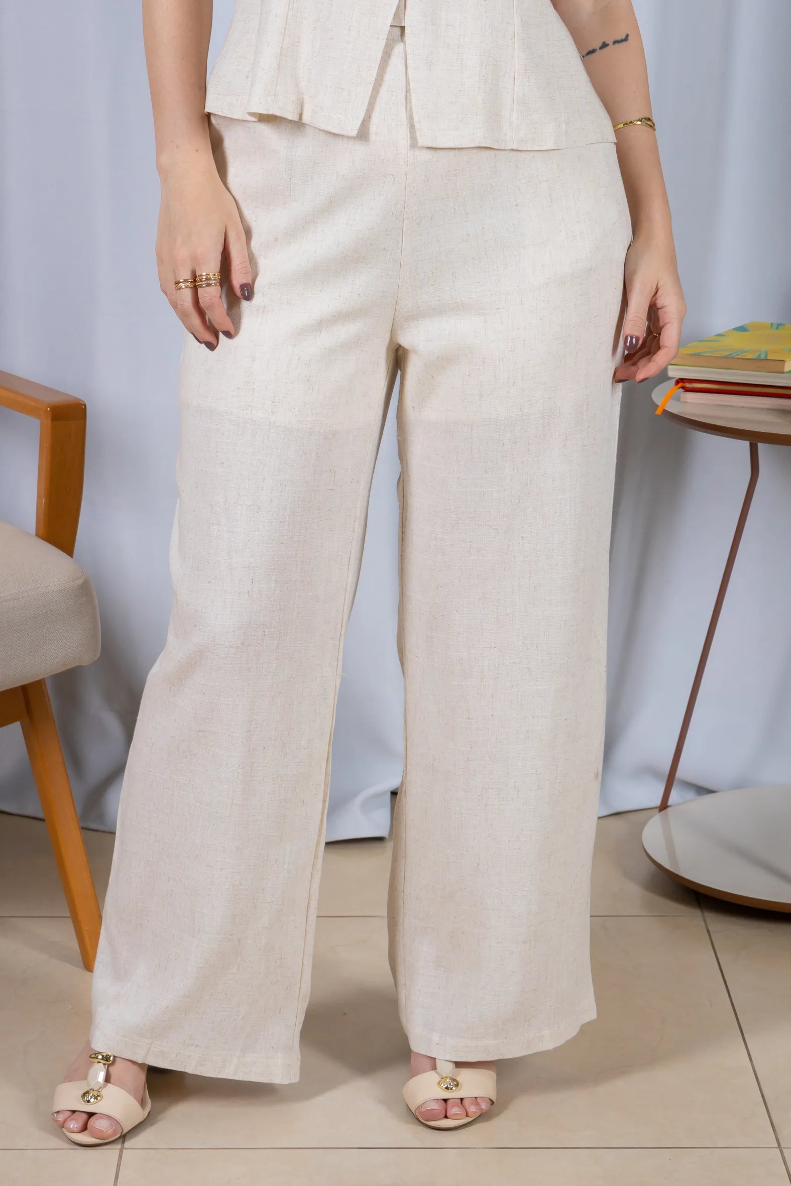 Calça Pantalona Cós com Elástico Visco Linho Flávia Creme