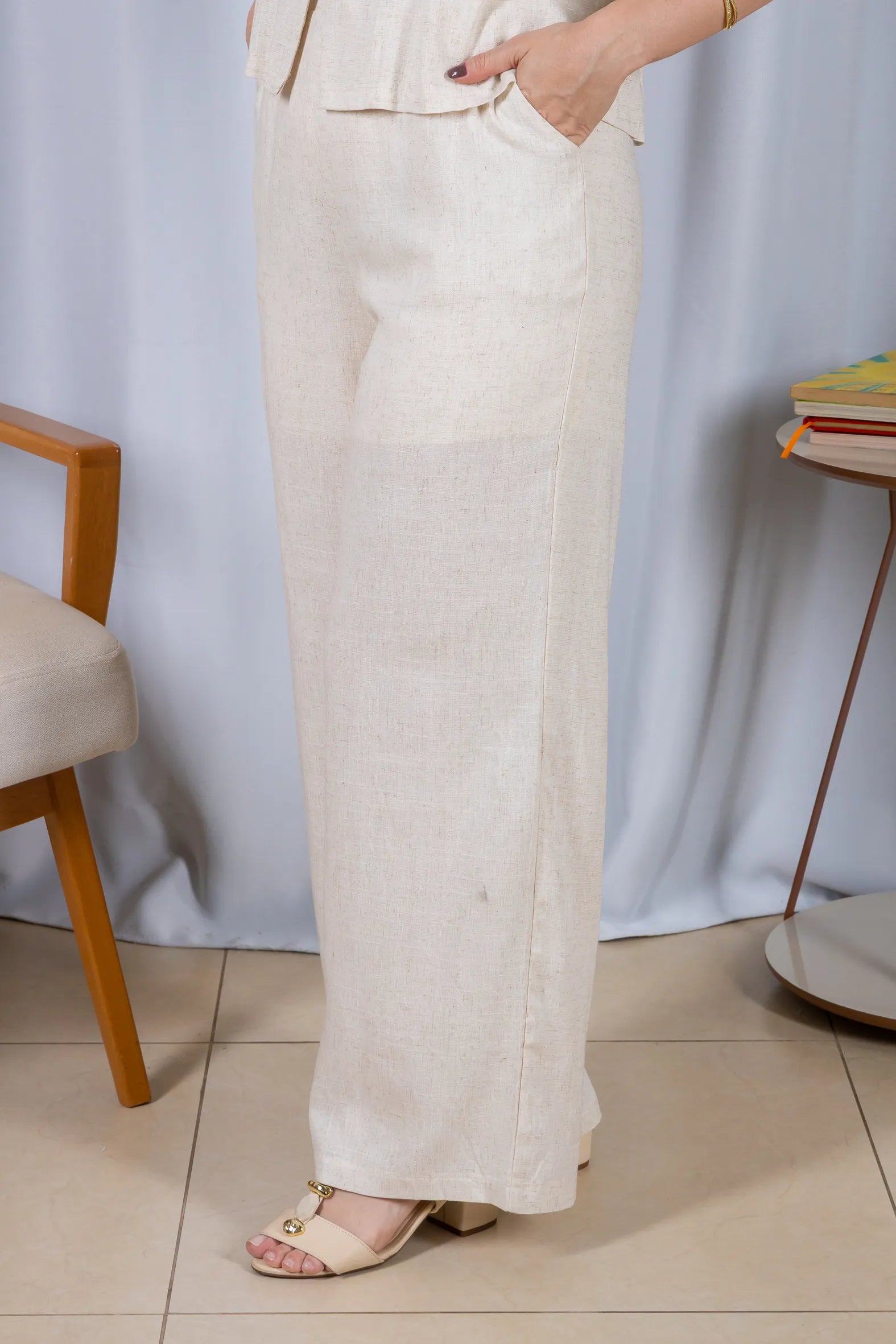 Calça Pantalona Cós com Elástico Visco Linho Flávia Creme