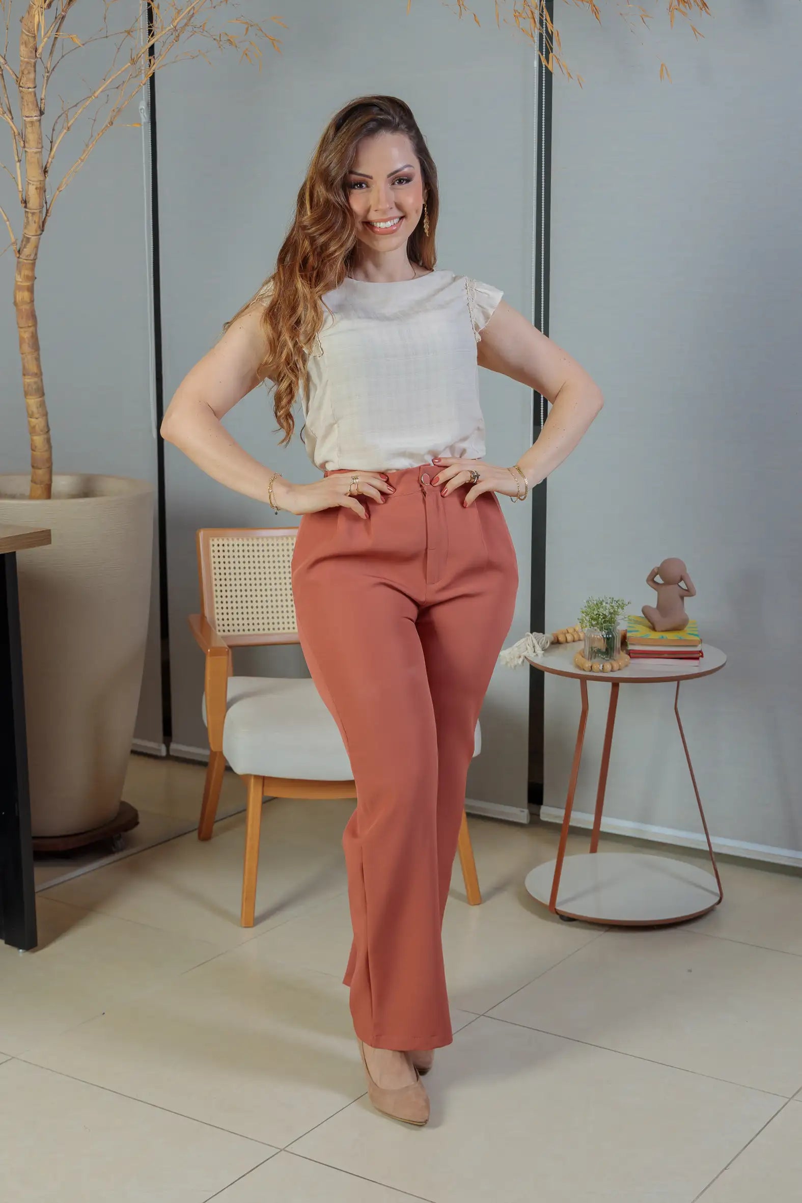 Blusa Detalhe Bordado Manga Soft Cotton Selena Bege