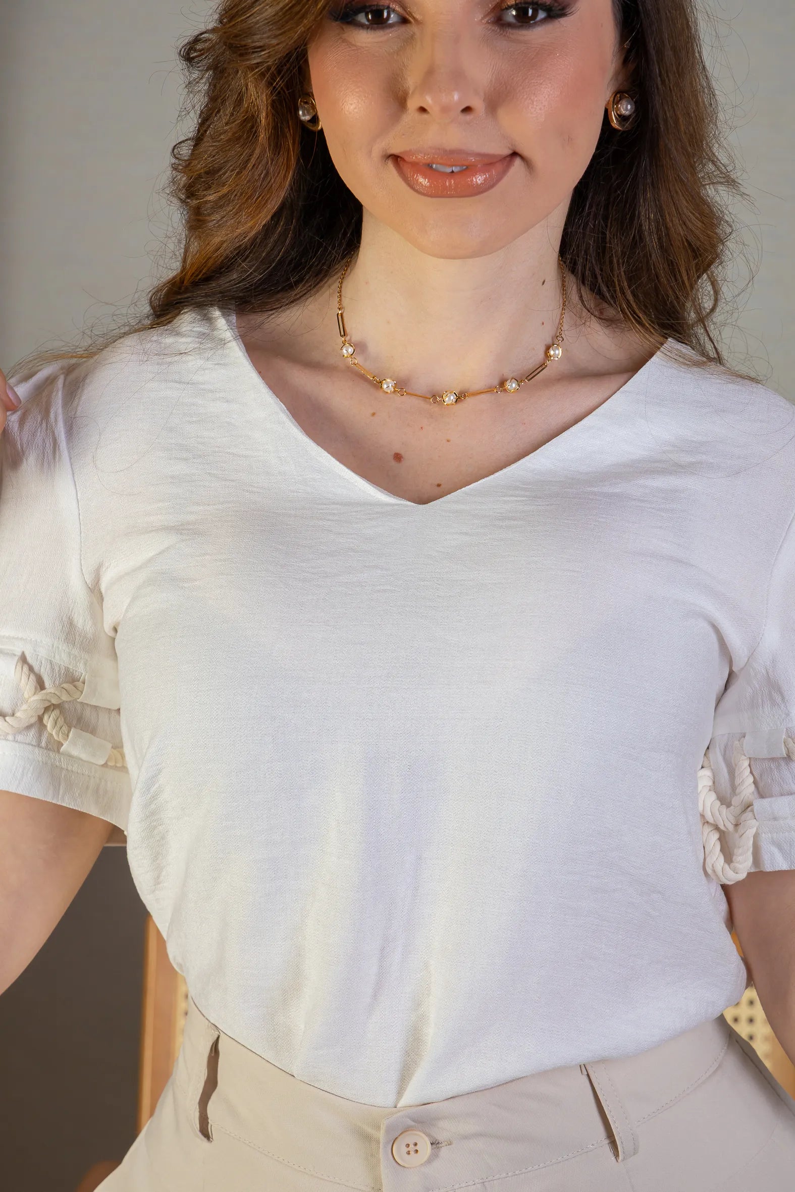 Blusa Manga Curta Detalhe Trançado Visco Nature Dira Paes Branca