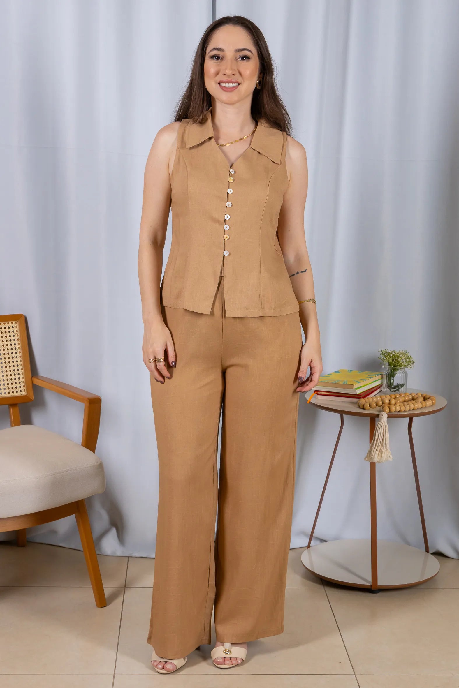 Calça Pantalona Cós com Elástico Visco Linho Flávia Marrom