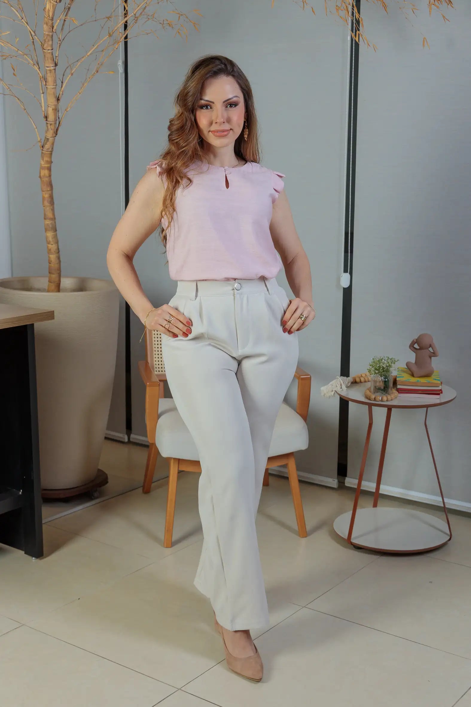 Blusa Babados Manga Detalhe Botão Visco Brise Yara Rosa