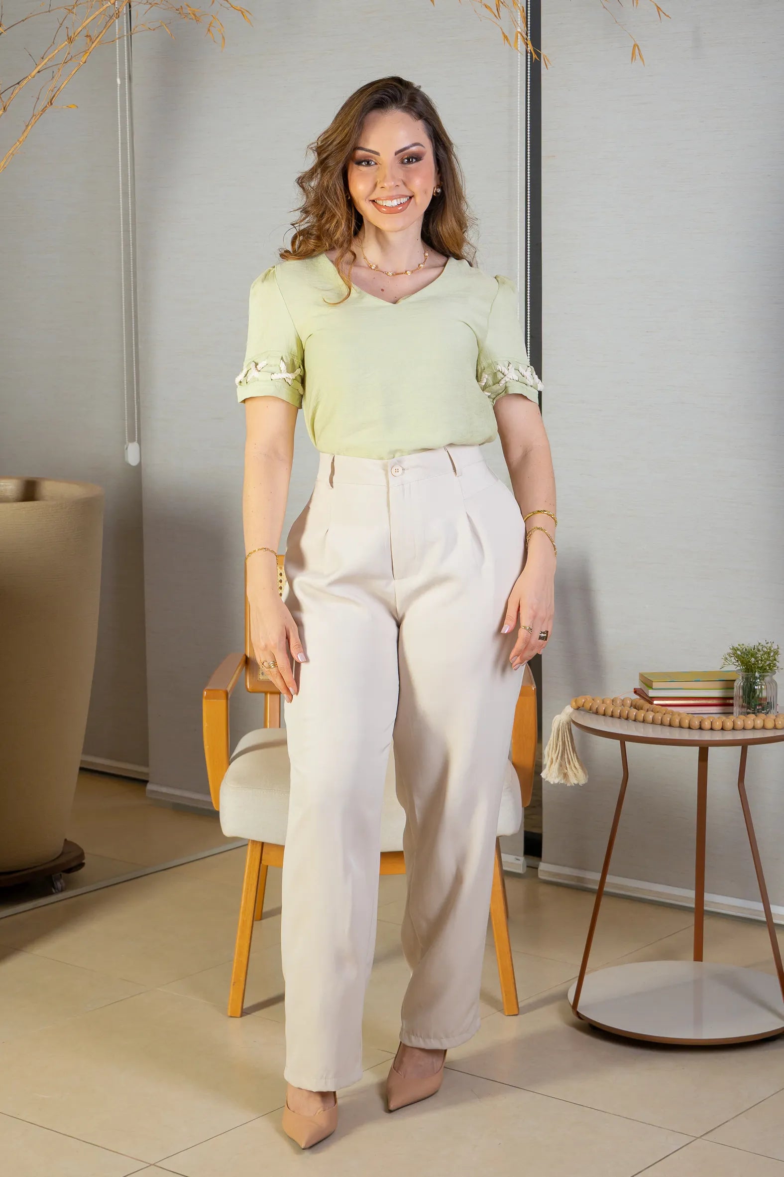 Blusa Manga Curta Detalhe Trançado Visco Nature Dira Paes Verde