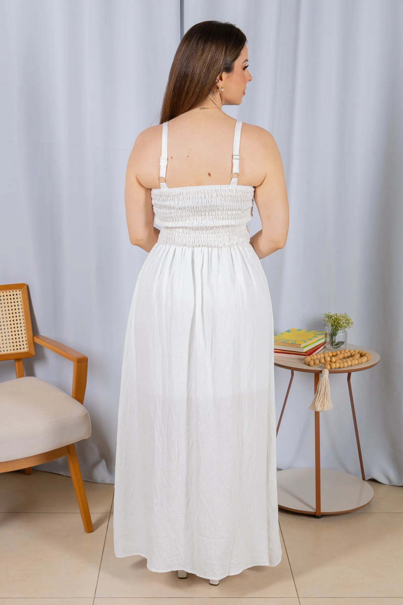 Vestido Midi Alças Detalhe Bordado Crepe Brise Lorena Branco