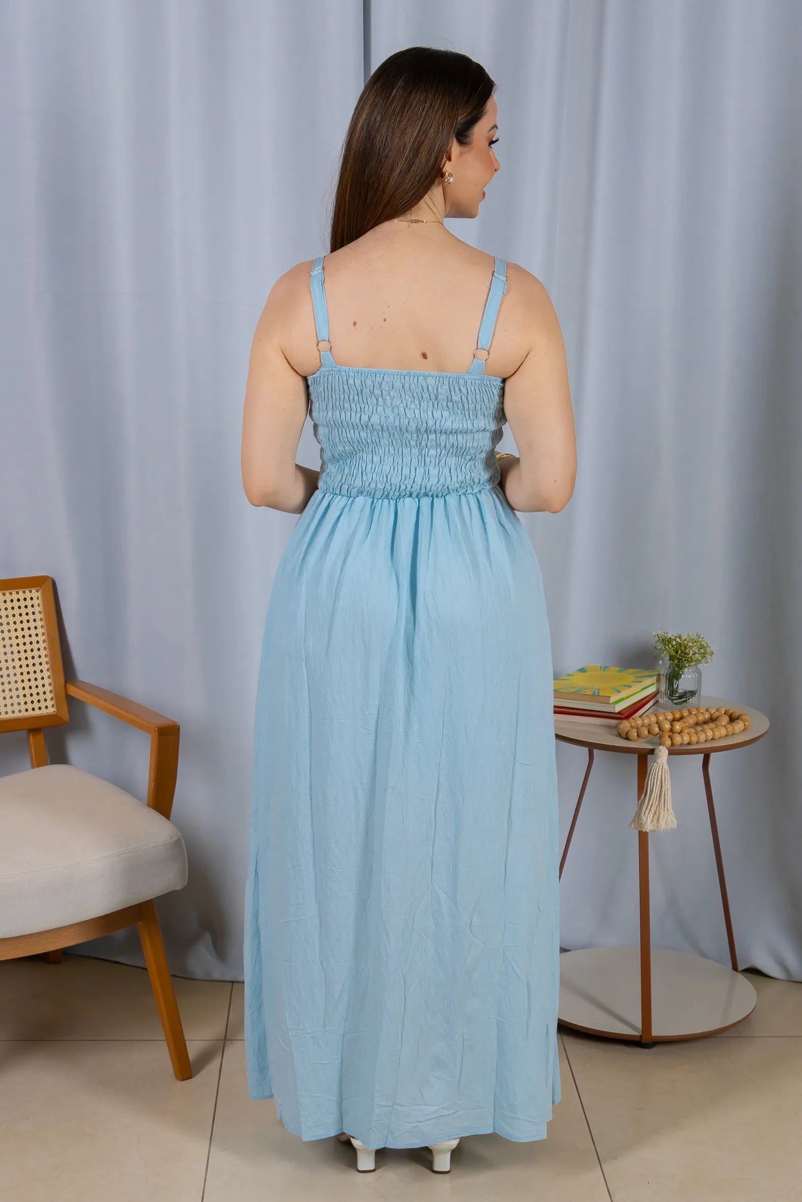 Vestido Midi Alças Detalhe Bordado Crepe Brise Lorena Azul