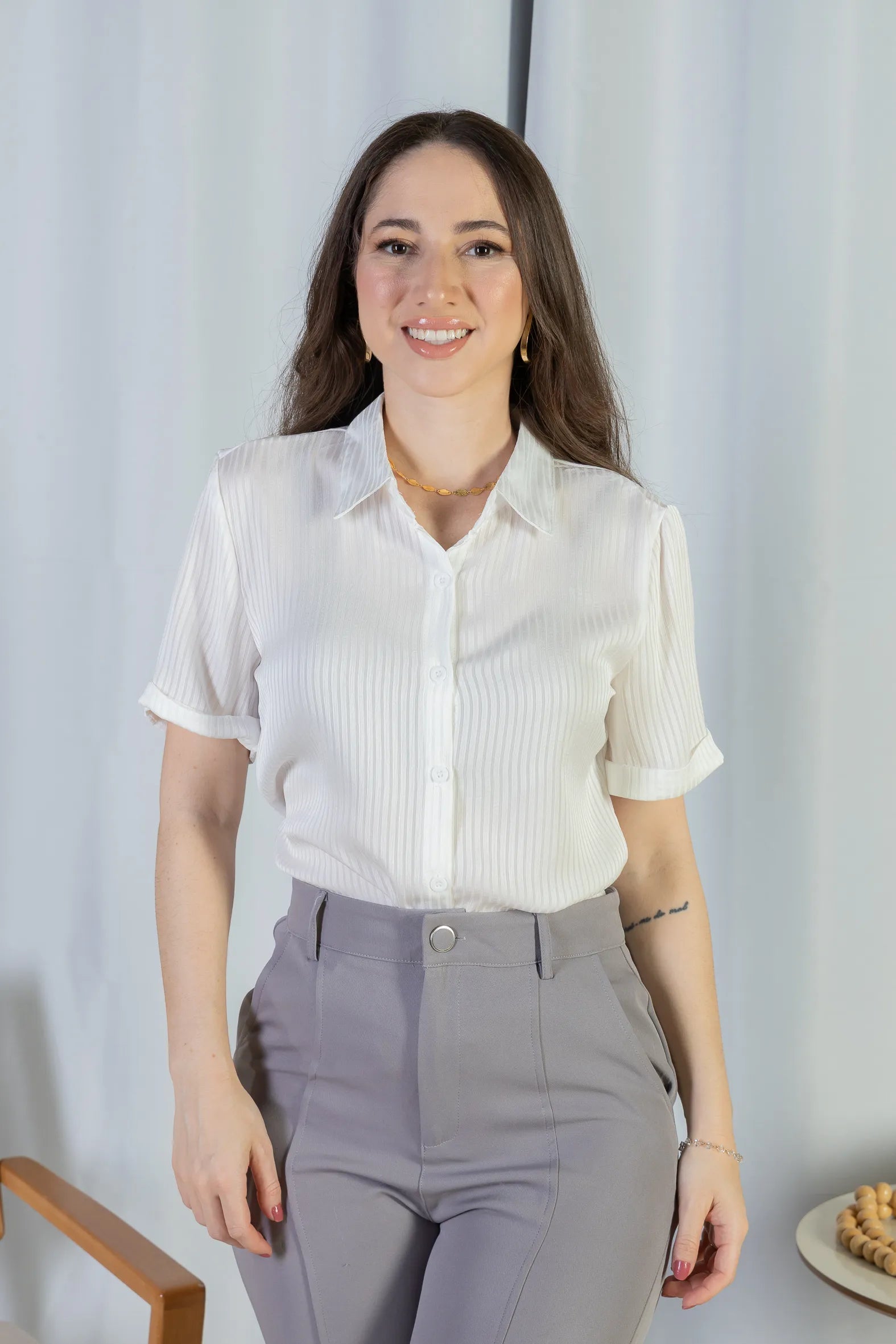 Camisa Manga Curta Crepe Acetinado Glaucia Branca