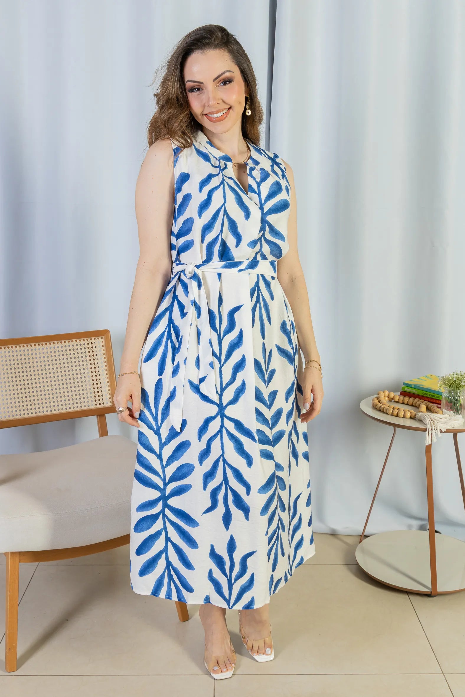 Vestido Midi Regata Visco Rústico Luana Estampado Azul