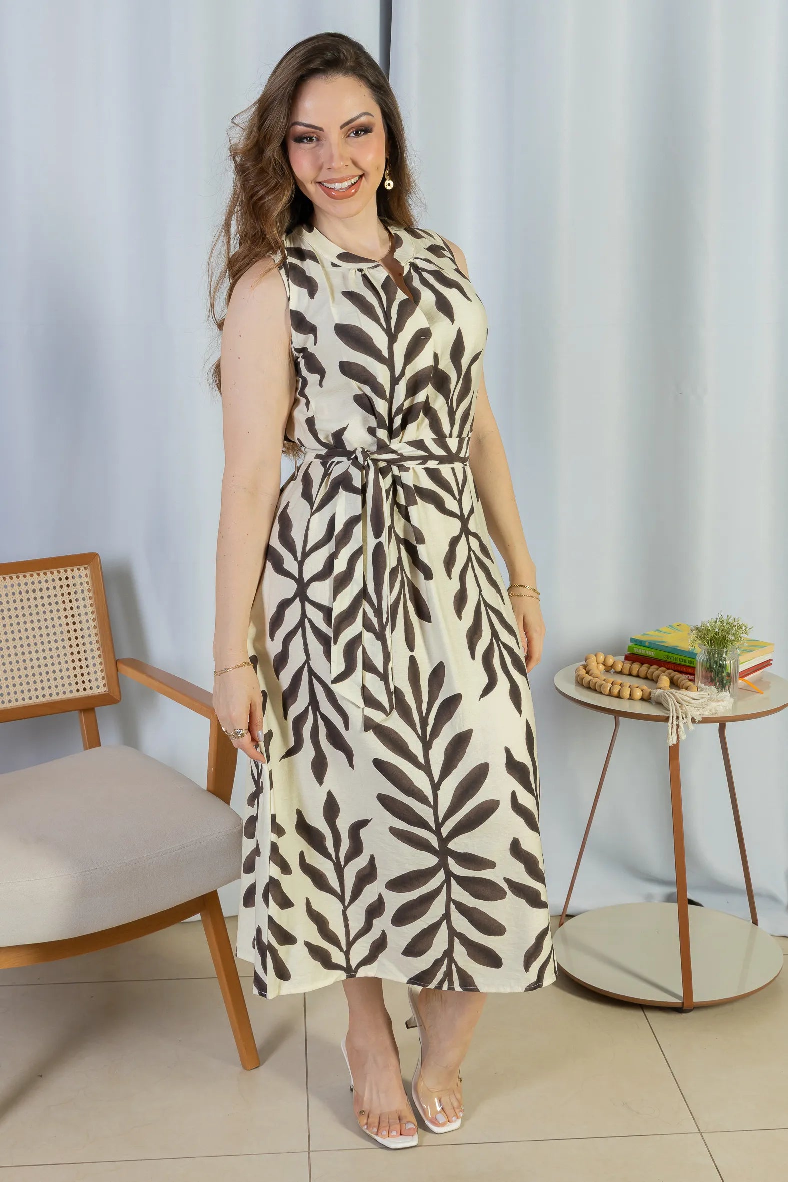 Vestido Midi Regata Visco Rústico Luana Estampado Marrom