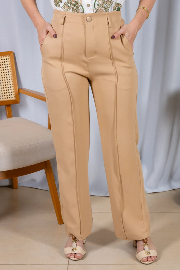 Calça Pantalona Alfaiataria Botão Encapado Margareth Bege