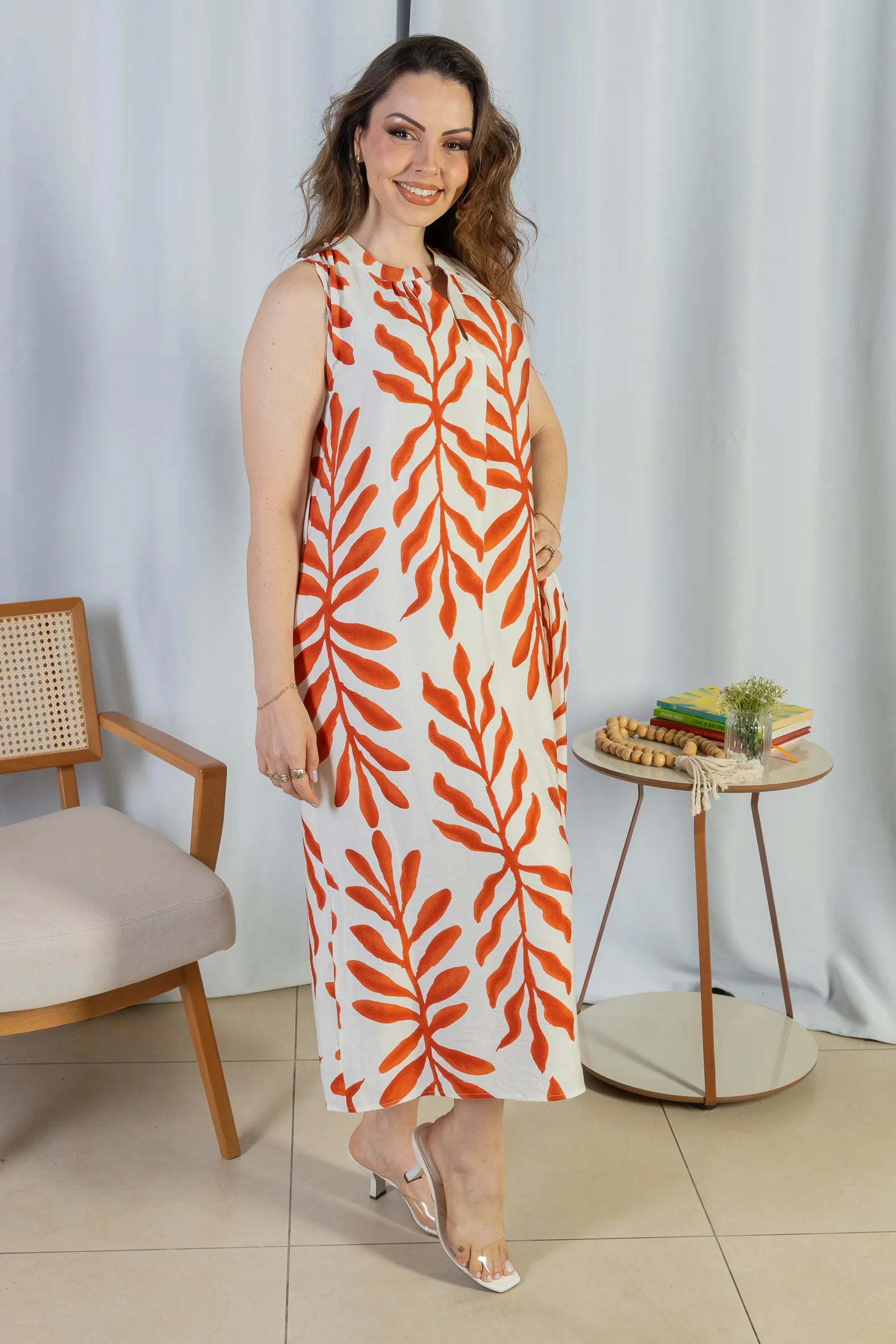 Vestido Midi Regata Visco Rústico Luana Estampado Vermelho