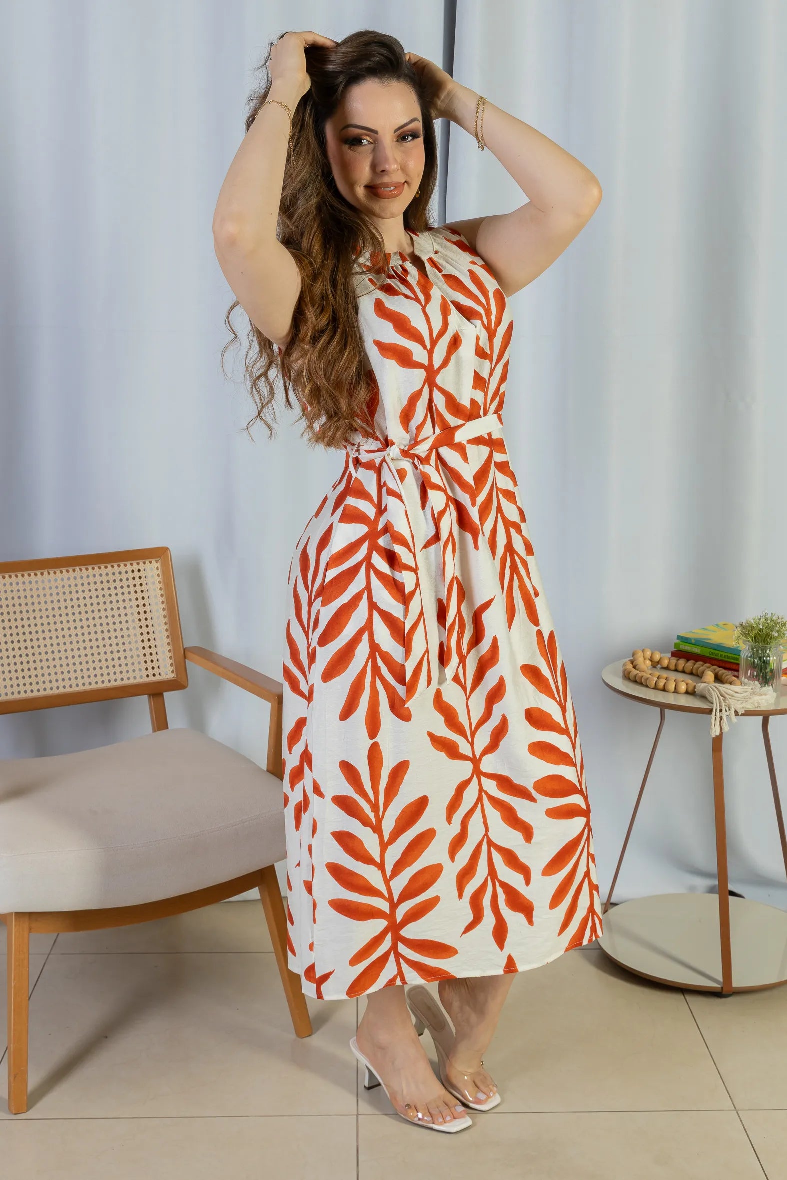 Vestido Midi Regata Visco Rústico Luana Estampado Vermelho