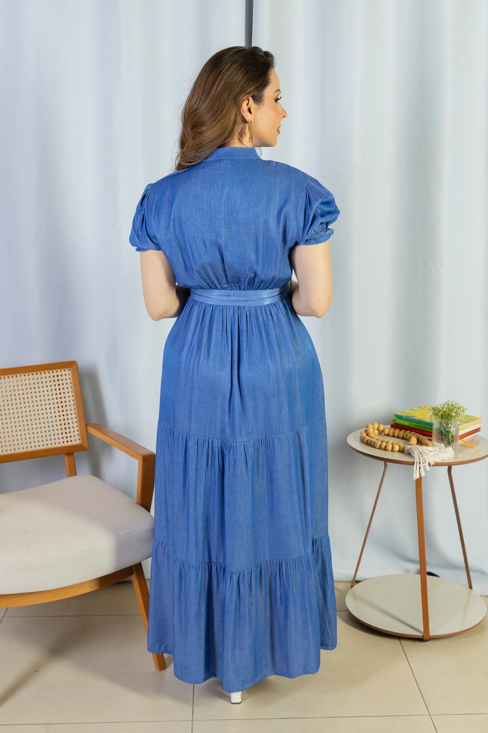 Vestido Logo Detalhe Botão Lyocell Vitória Azul Escuro