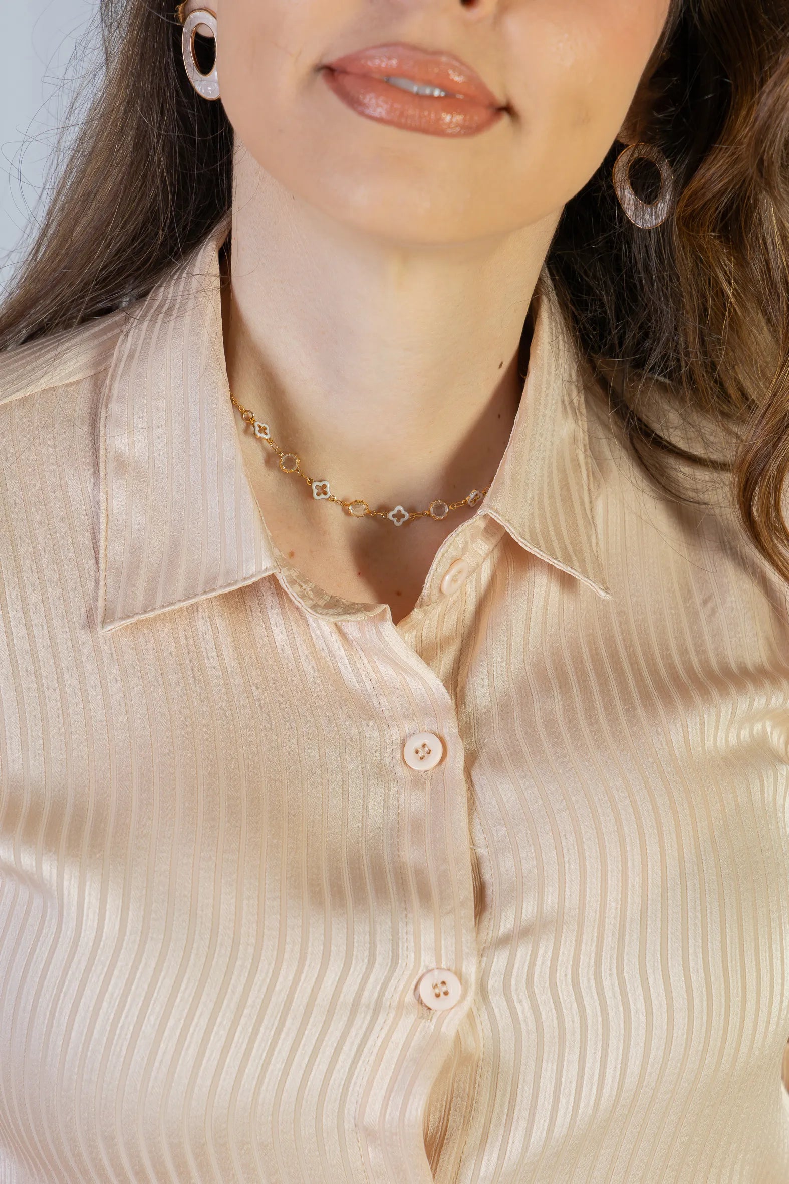 Camisa Manga Curta Crepe Acetinado Glaucia Creme