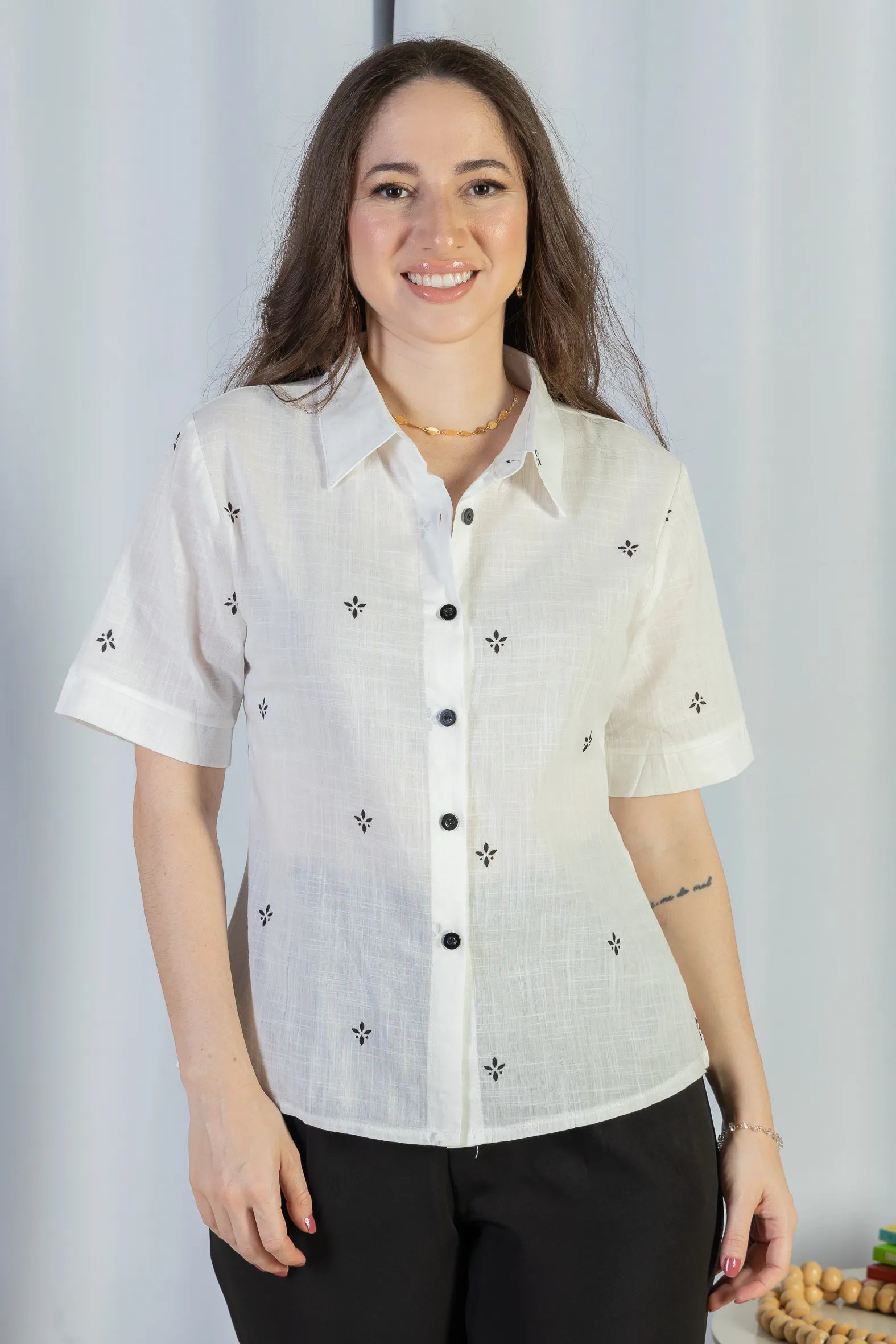 Camisa Manga Curta Bordada Poli Visco Bruna Branca