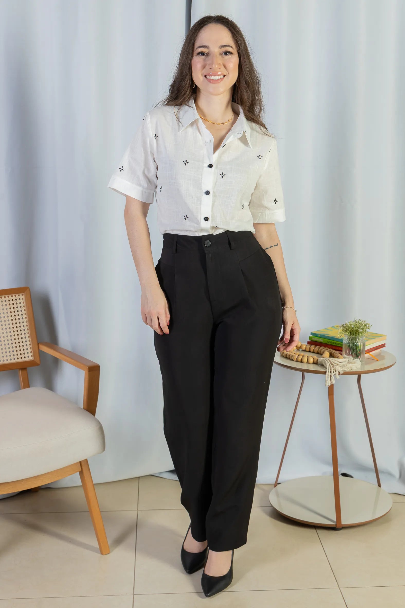 Camisa Manga Curta Bordada Poli Visco Bruna Branca