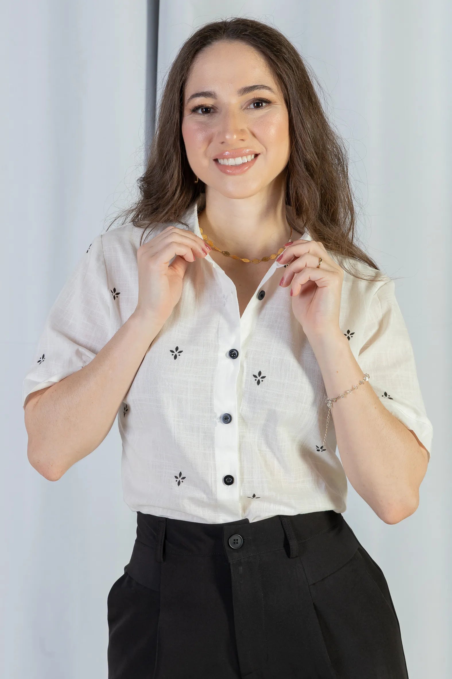 Camisa Manga Curta Bordada Poli Visco Bruna Branca