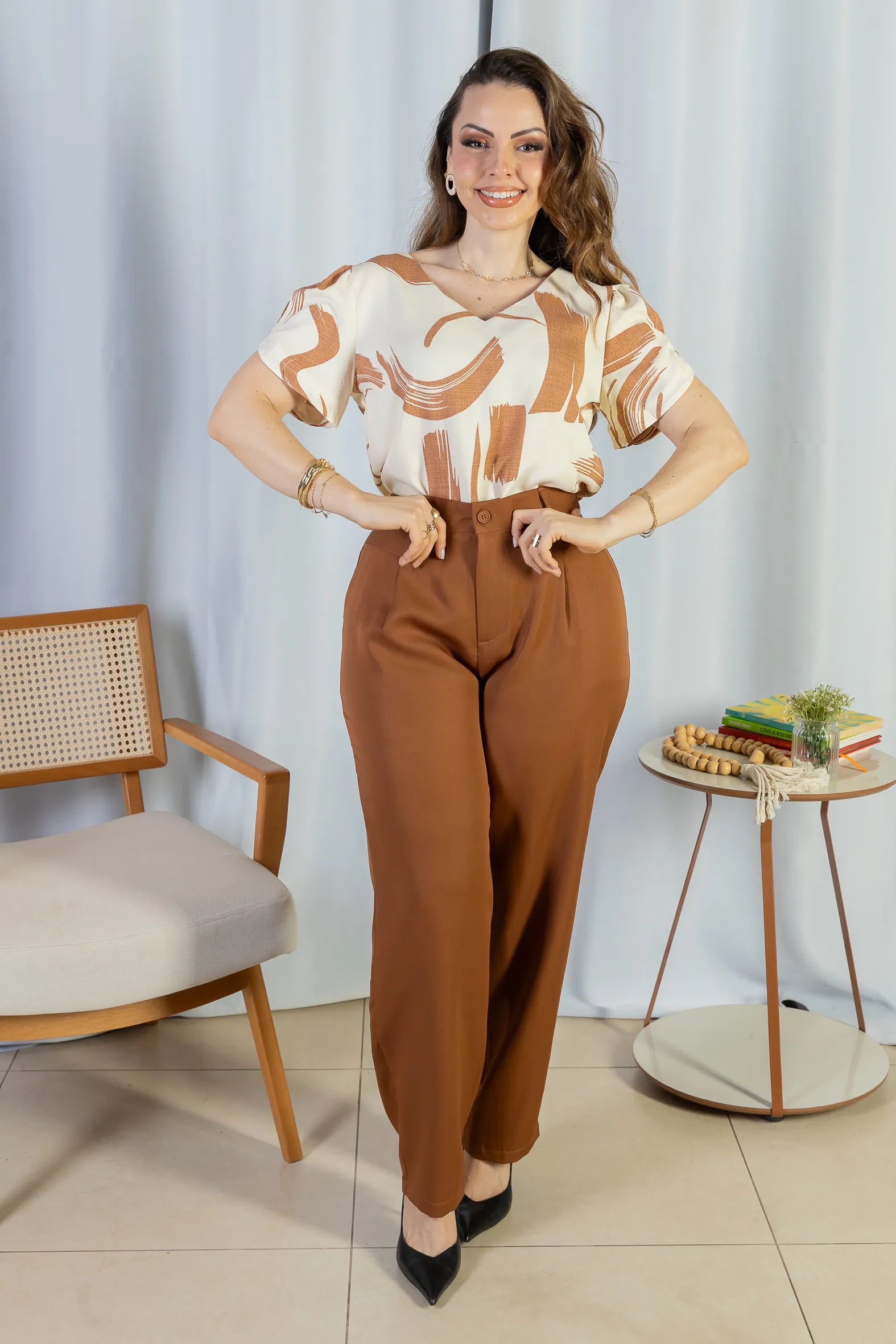 Blusa Manga Curta Crepe Classic Alessandra Estampada Creme