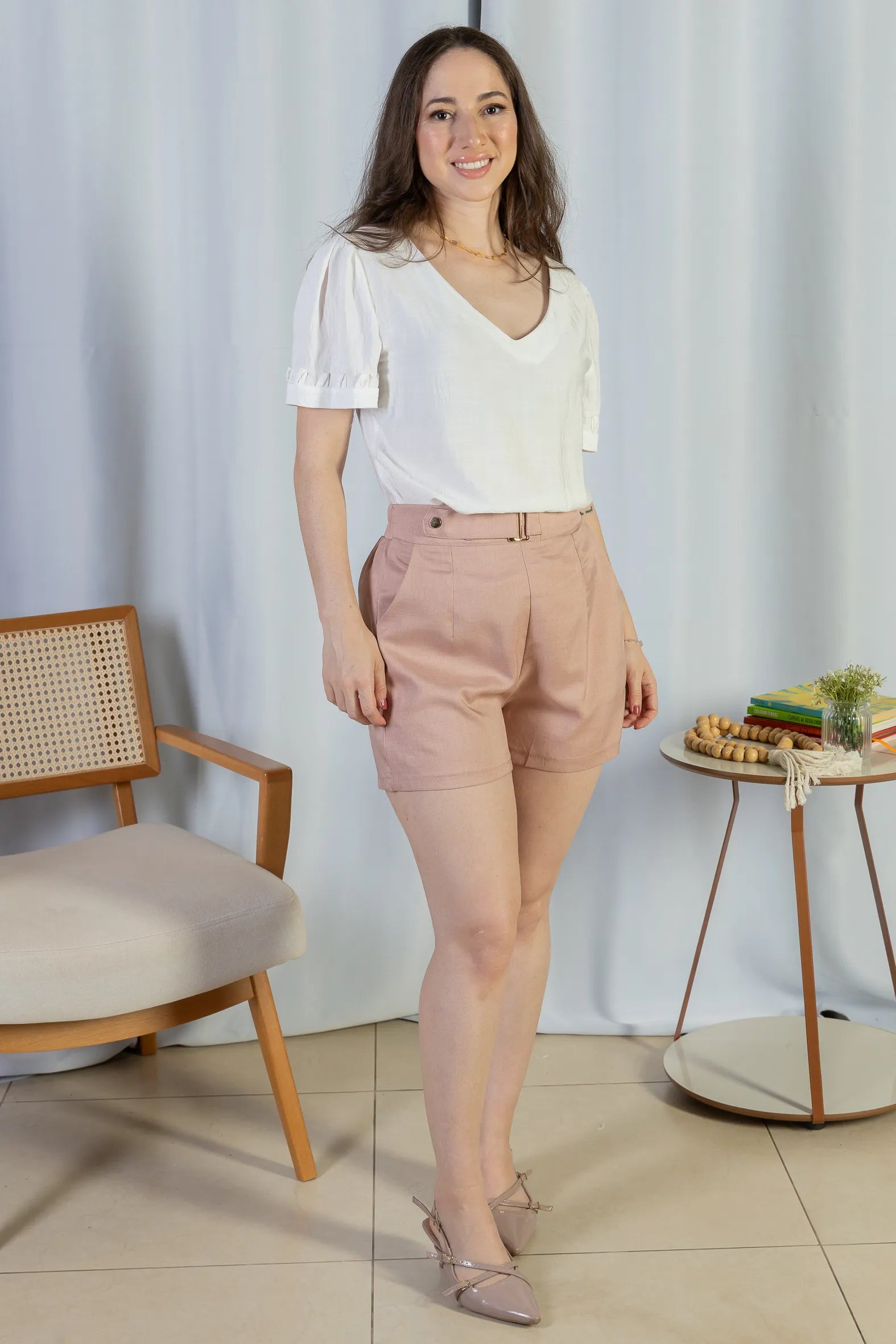 Blusa Manga Curta Decote "V" Visco Nature Gal Costa Branca