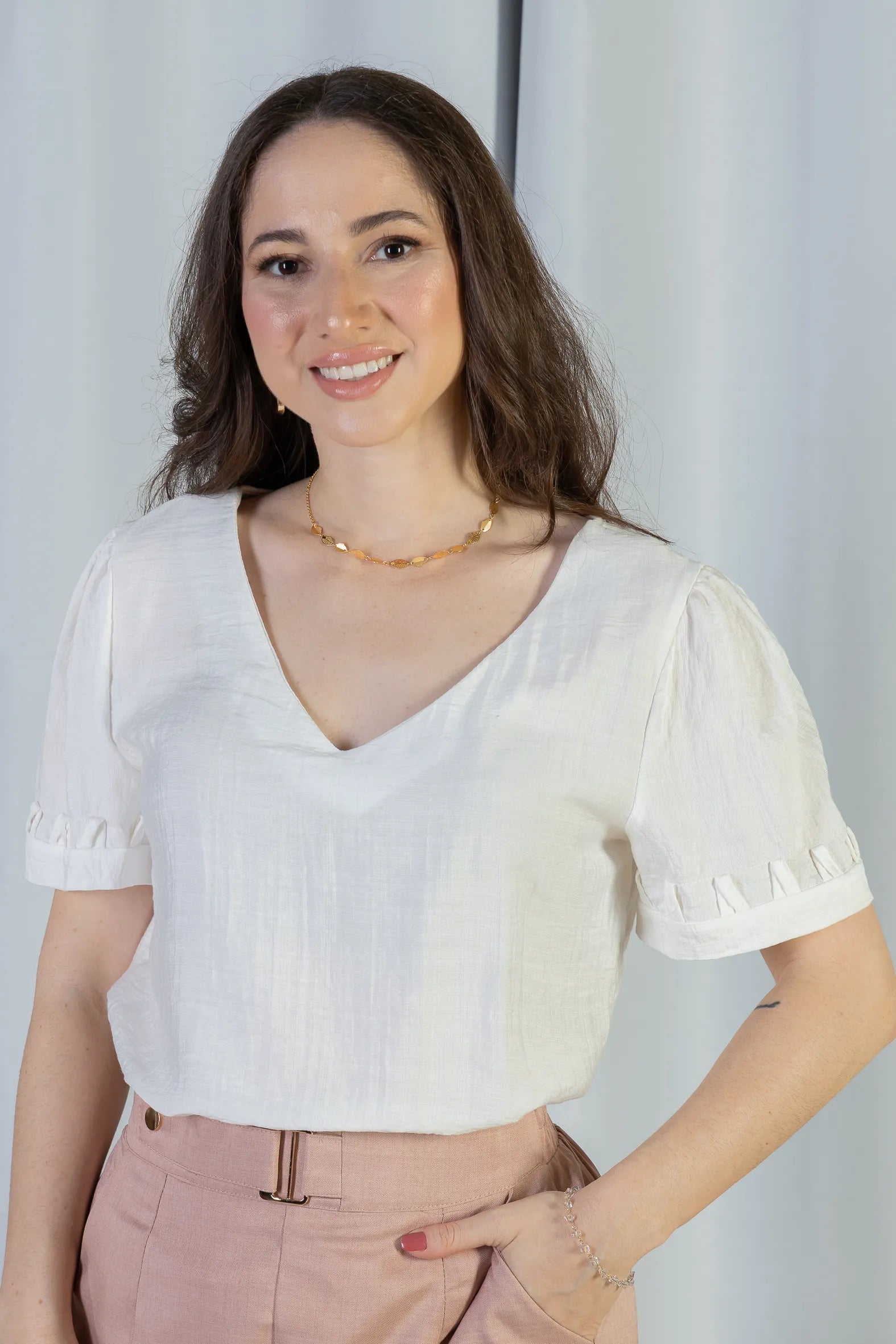 Blusa Manga Curta Decote "V" Visco Nature Gal Costa Branca