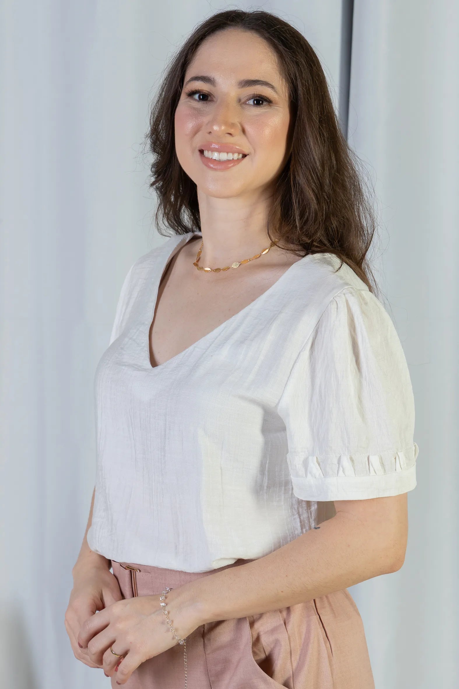 Blusa Manga Curta Decote "V" Visco Nature Gal Costa Branca