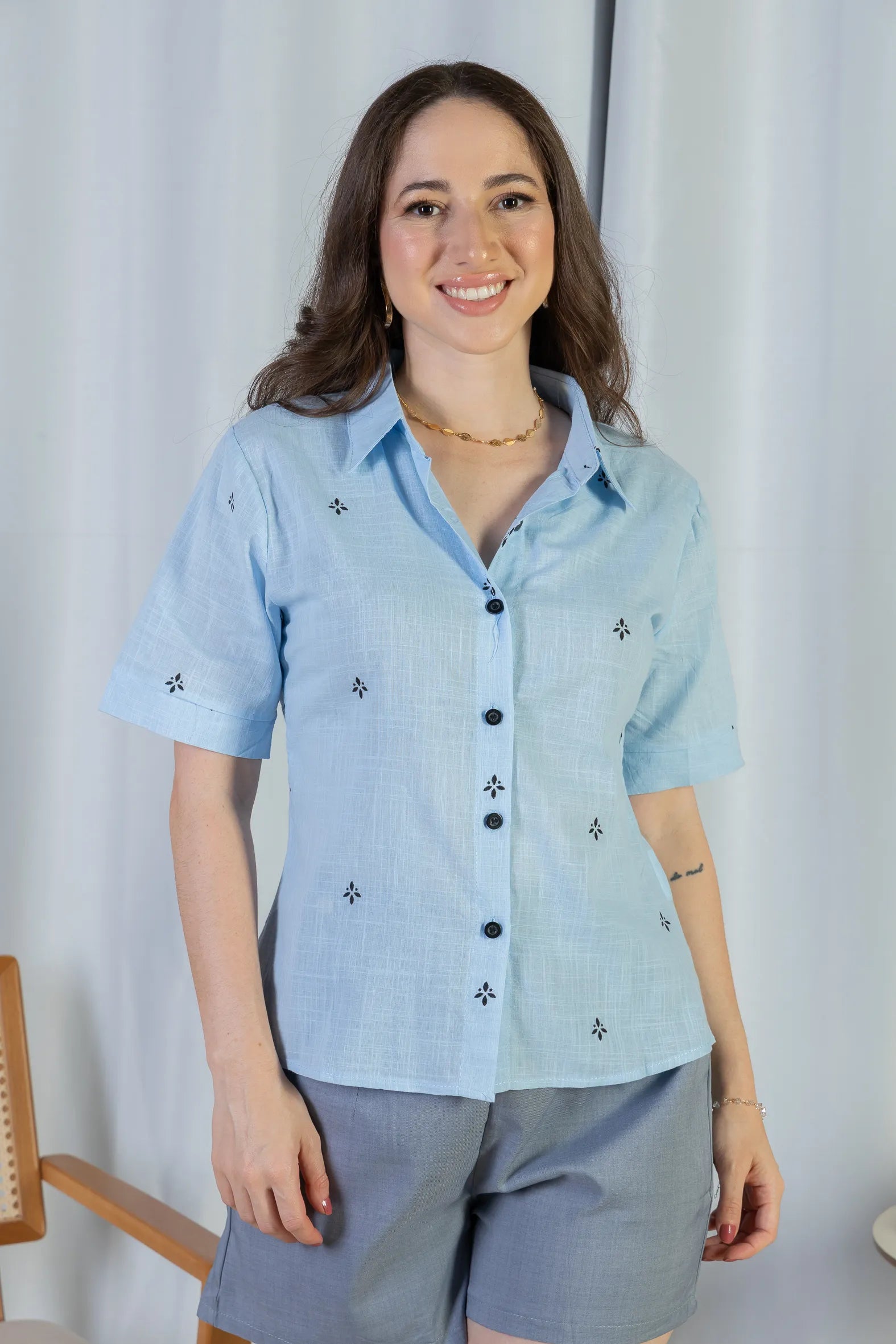 Camisa Manga Curta Bordada Poli Visco Bruna Azul