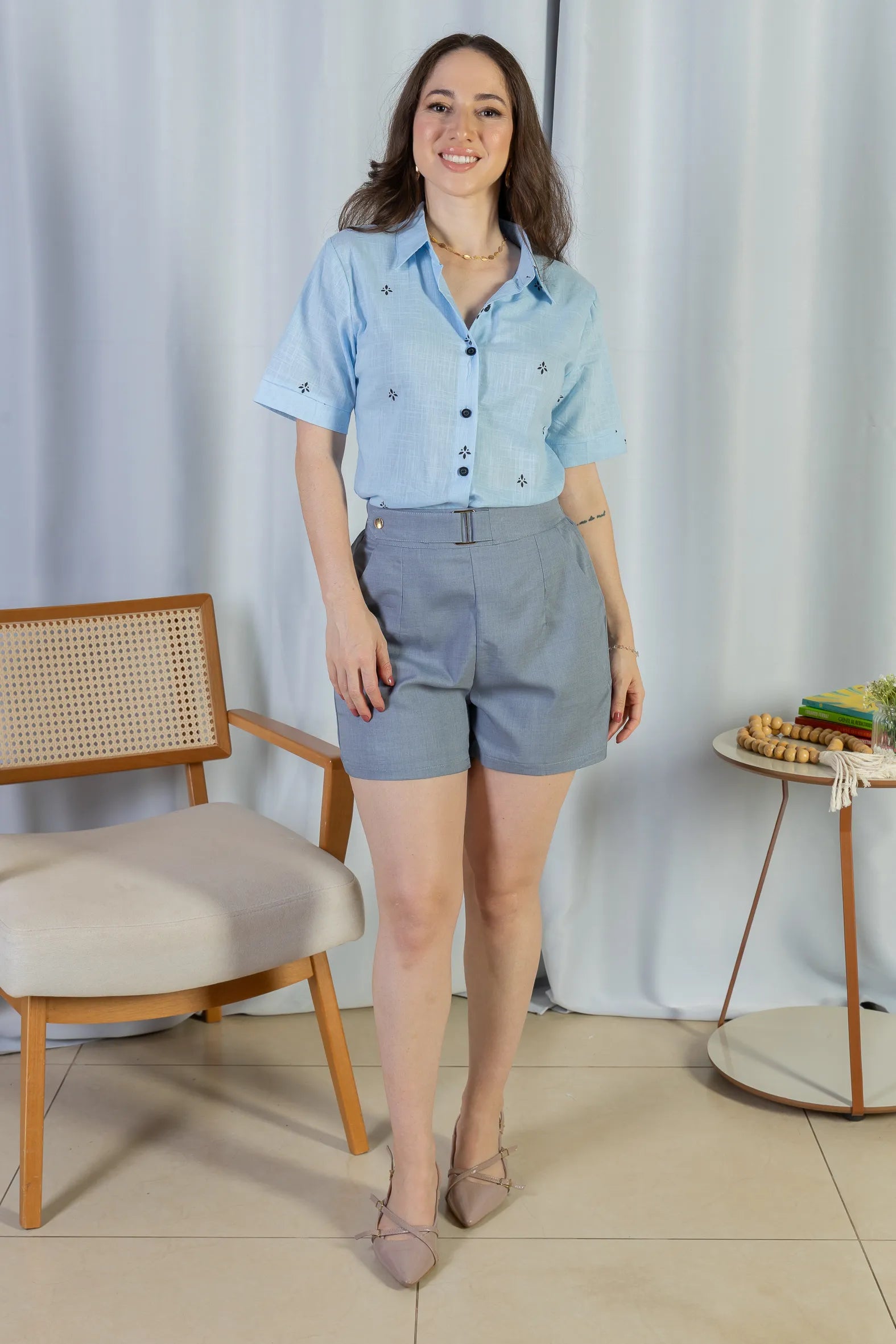 Camisa Manga Curta Bordada Poli Visco Bruna Azul