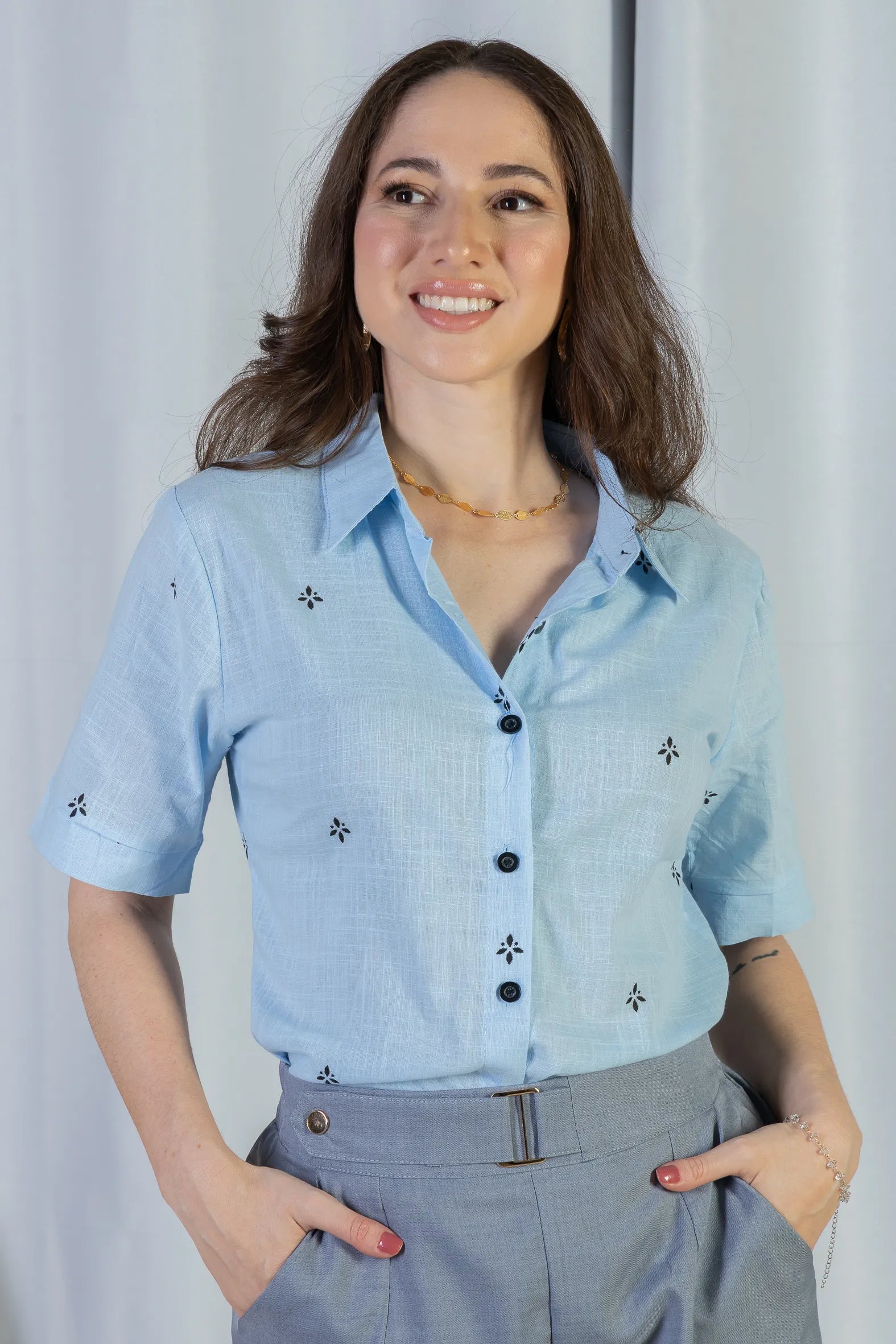 Camisa Manga Curta Bordada Poli Visco Bruna Azul