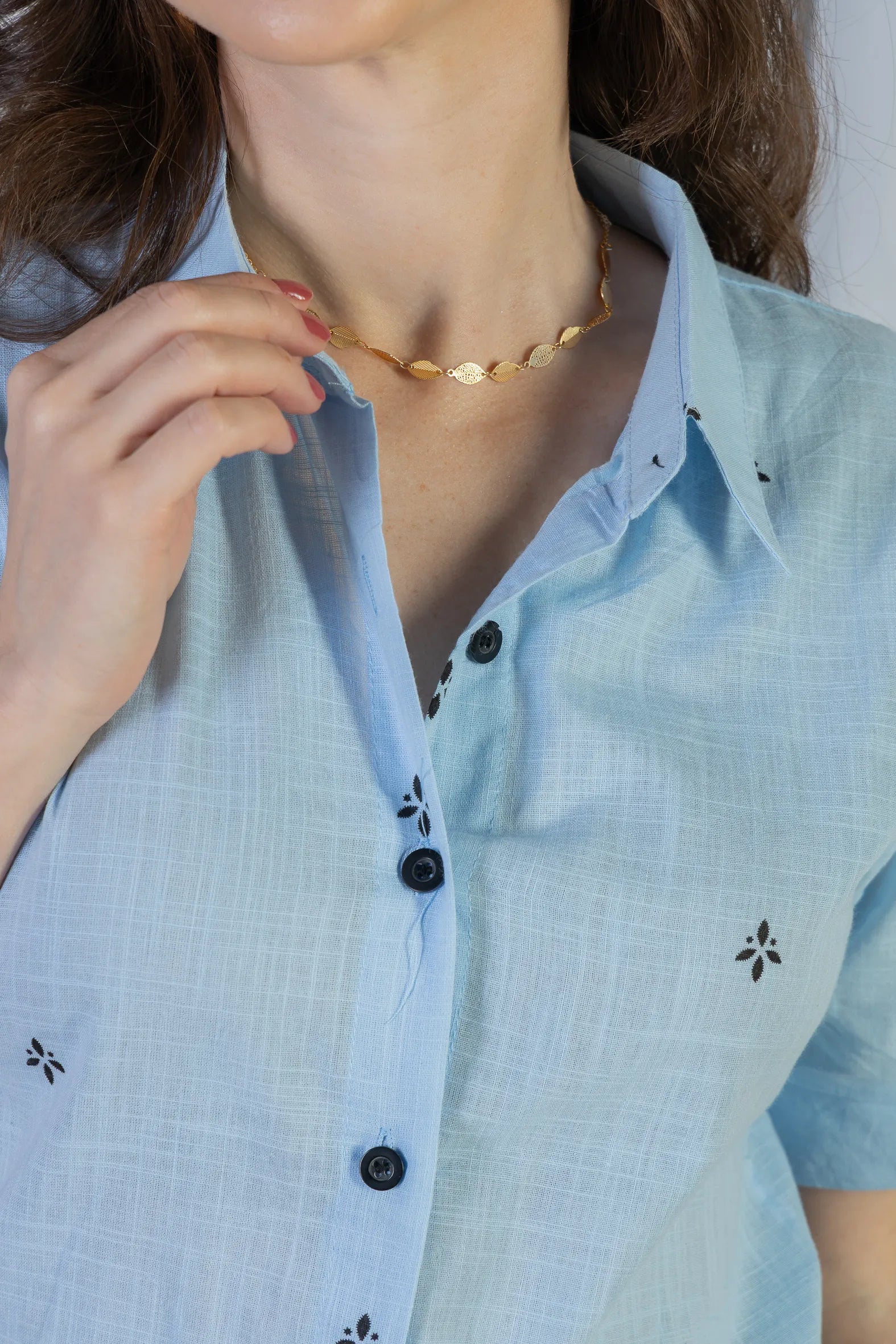 Camisa Manga Curta Bordada Poli Visco Bruna Azul