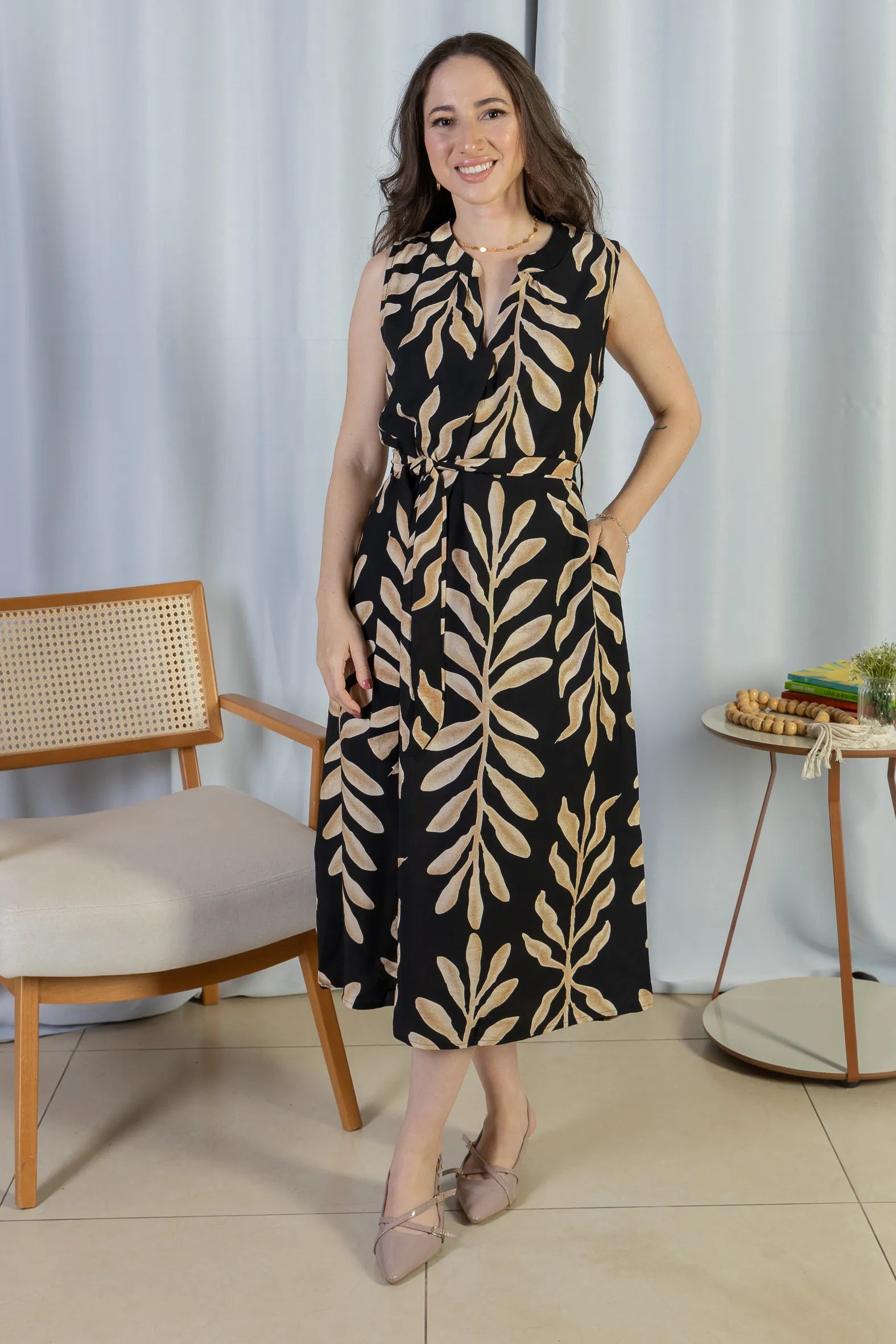 Vestido Midi Regata Visco Rústico Luana Estampado Preto