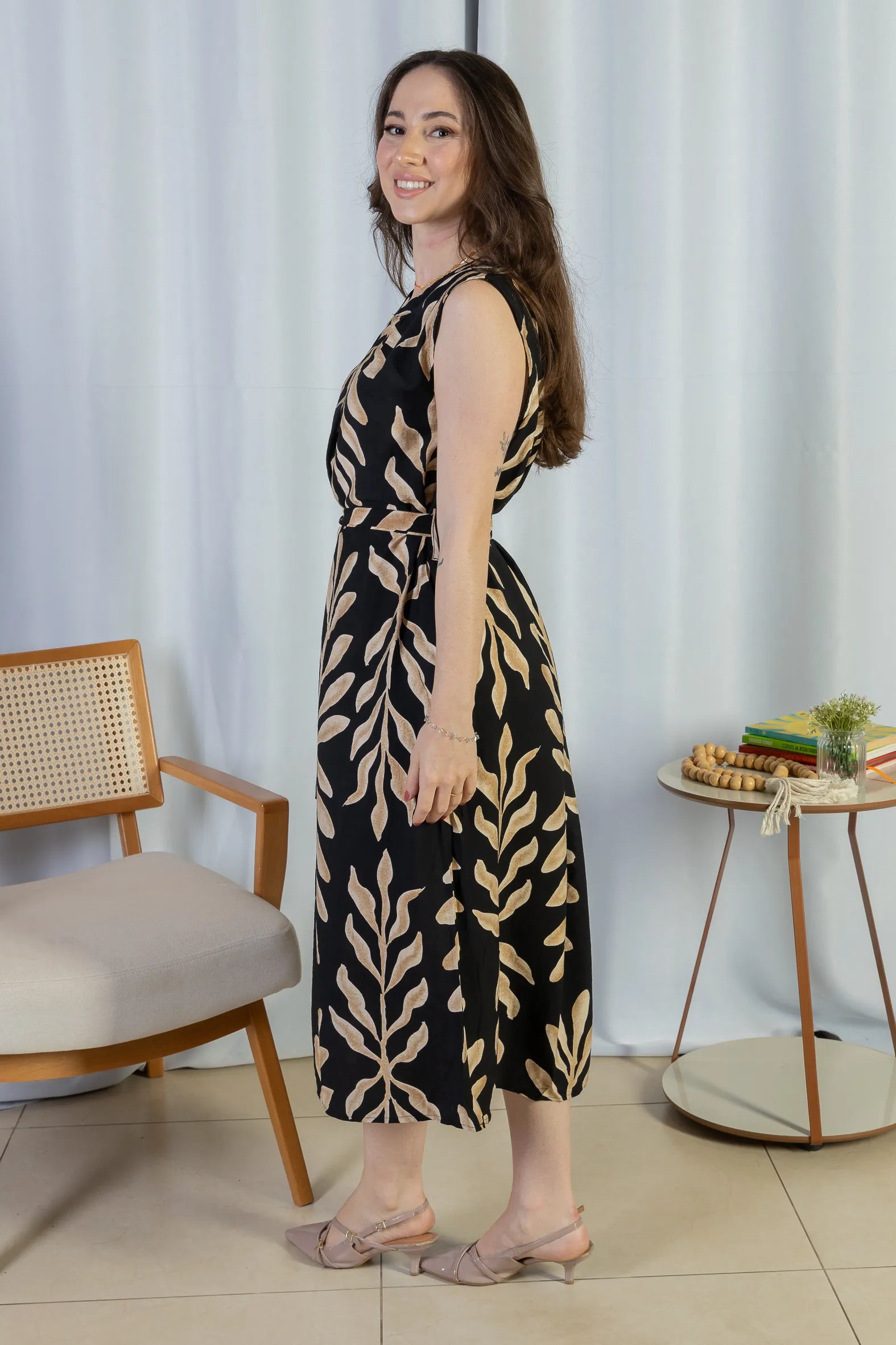 Vestido Midi Regata Visco Rústico Luana Estampado Preto