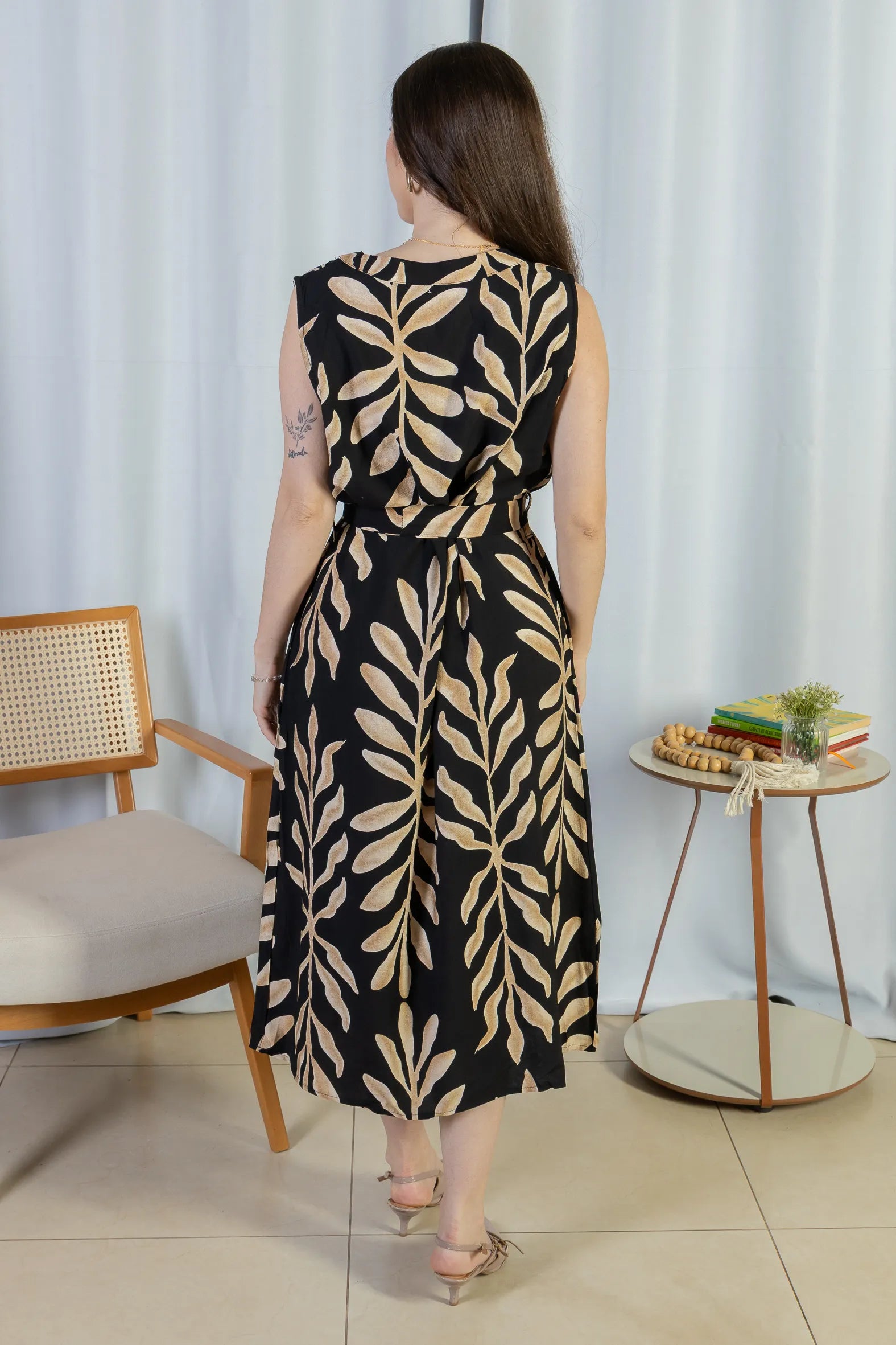 Vestido Midi Regata Visco Rústico Luana Estampado Preto