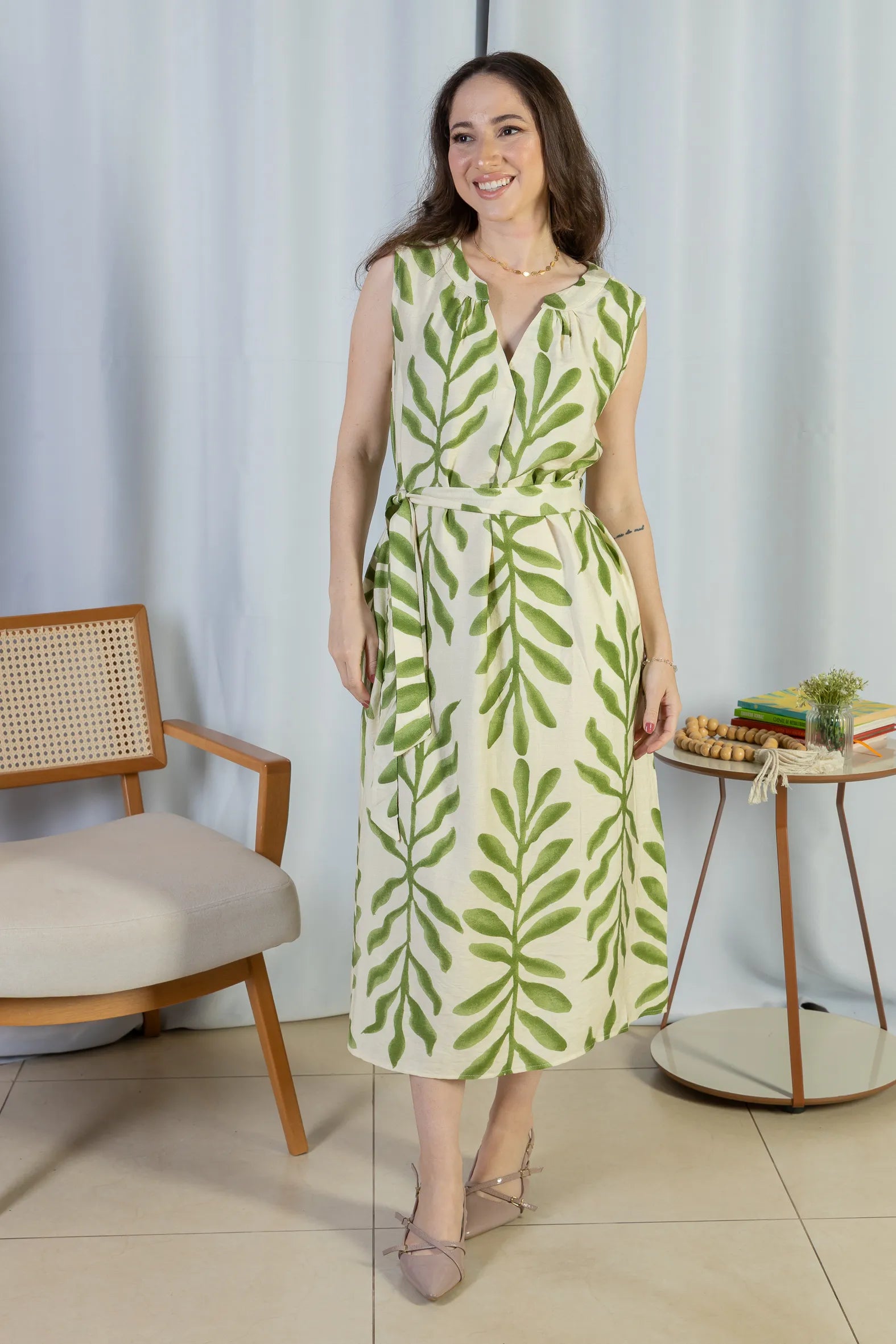 Vestido Midi Regata Visco Rústico Luana Estampado Verde