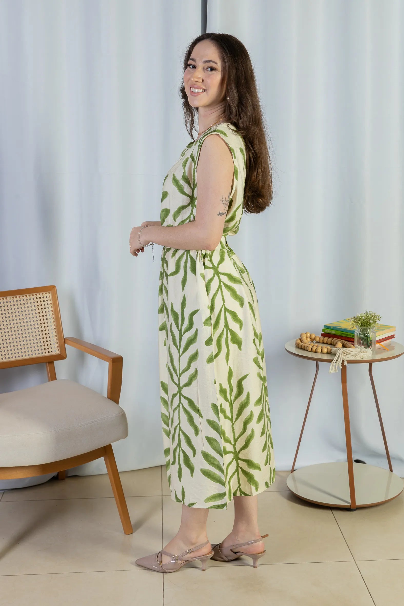 Vestido Midi Regata Visco Rústico Luana Estampado Verde