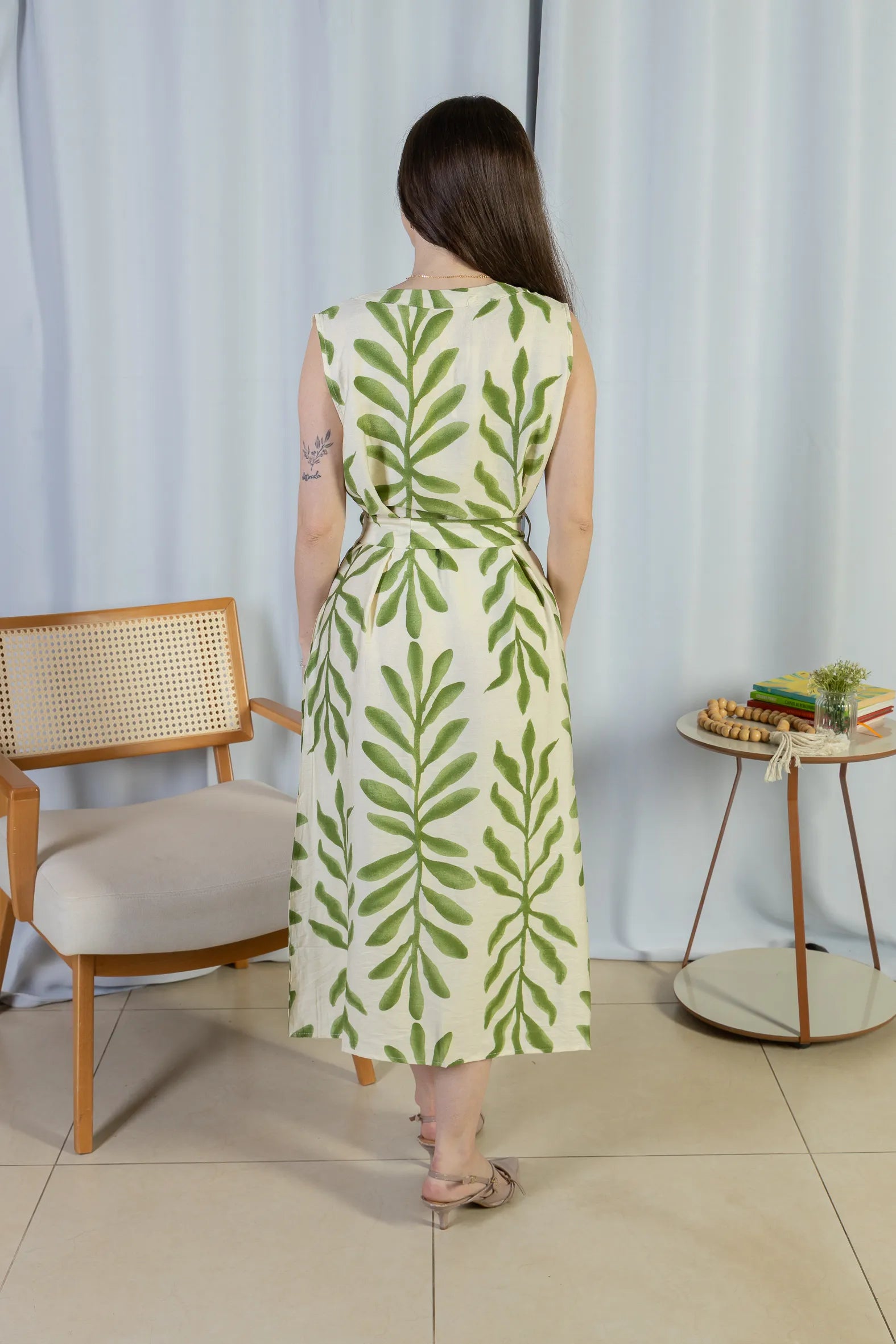 Vestido Midi Regata Visco Rústico Luana Estampado Verde