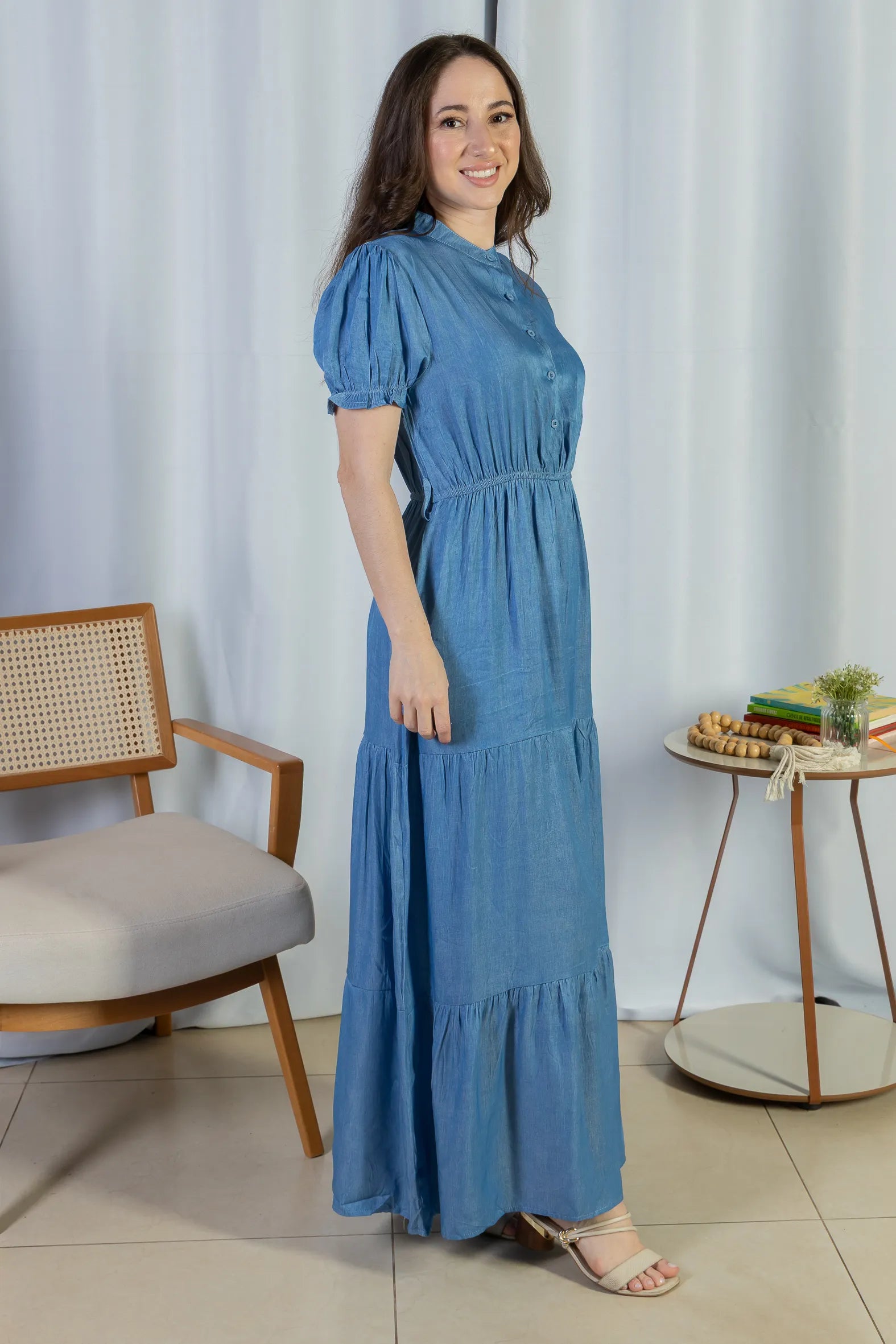 Vestido Logo Detalhe Botão Lyocell Vitória Azul Claro