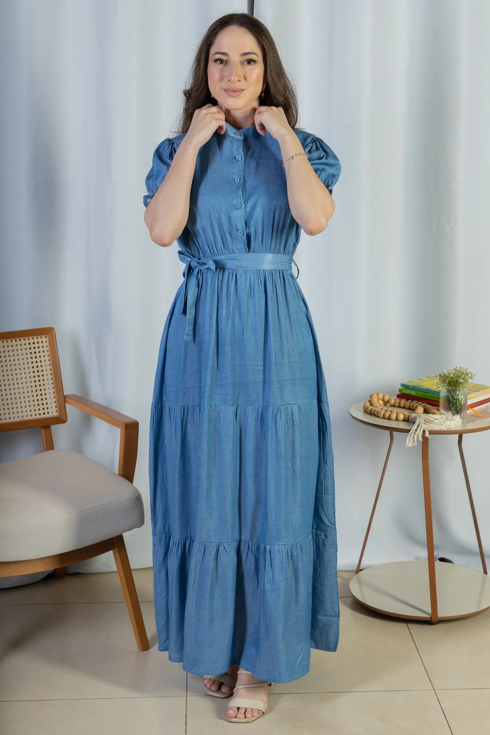 Vestido Logo Detalhe Botão Lyocell Vitória Azul Claro