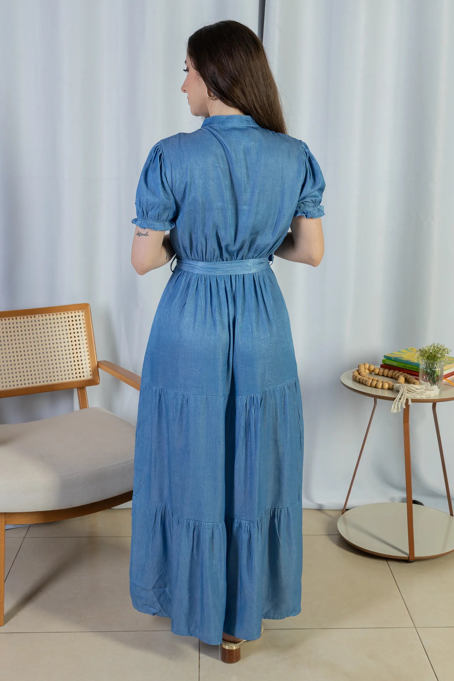 Vestido Logo Detalhe Botão Lyocell Vitória Azul Claro