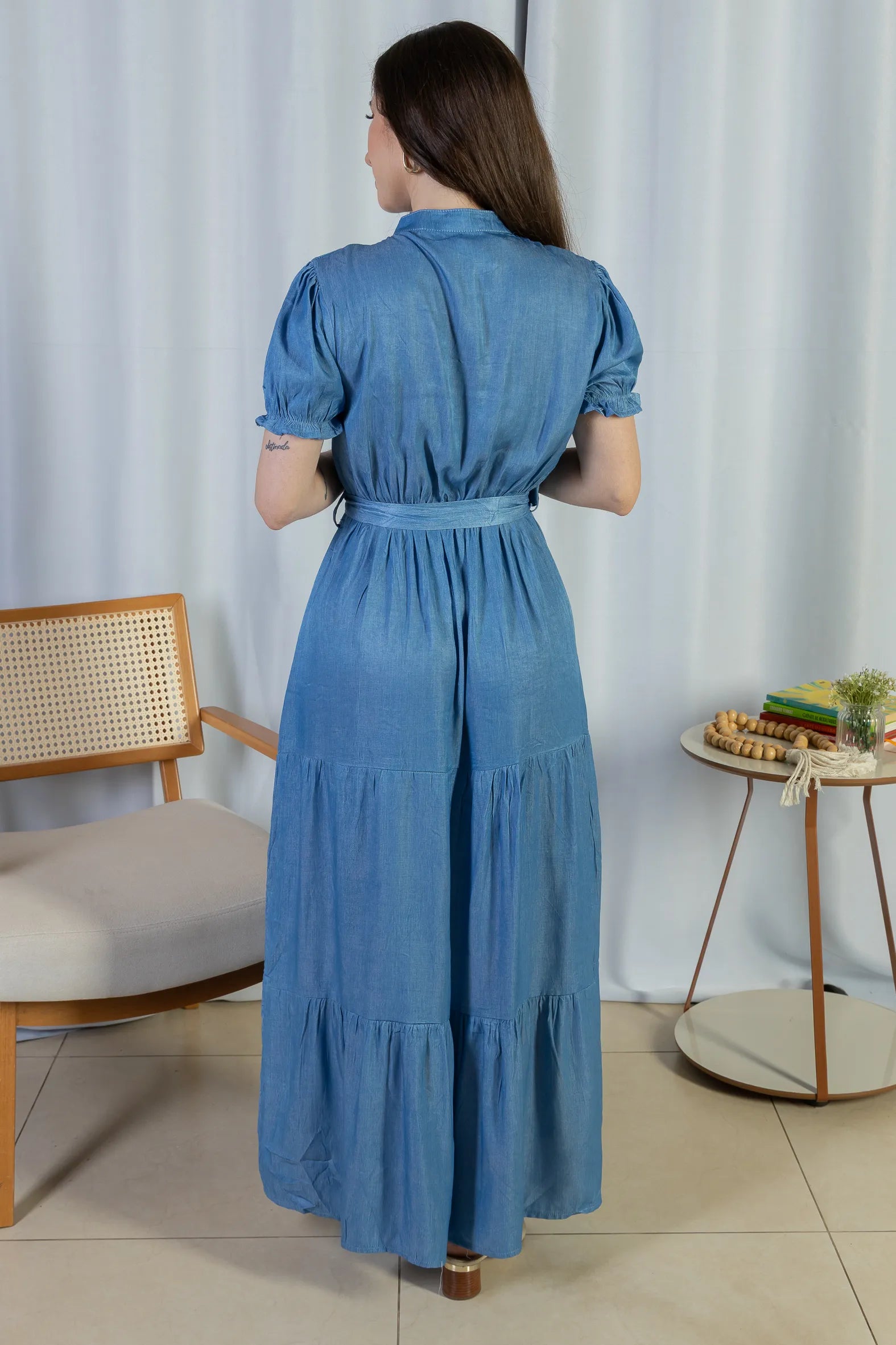 Vestido Logo Detalhe Botão Lyocell Vitória Azul Claro