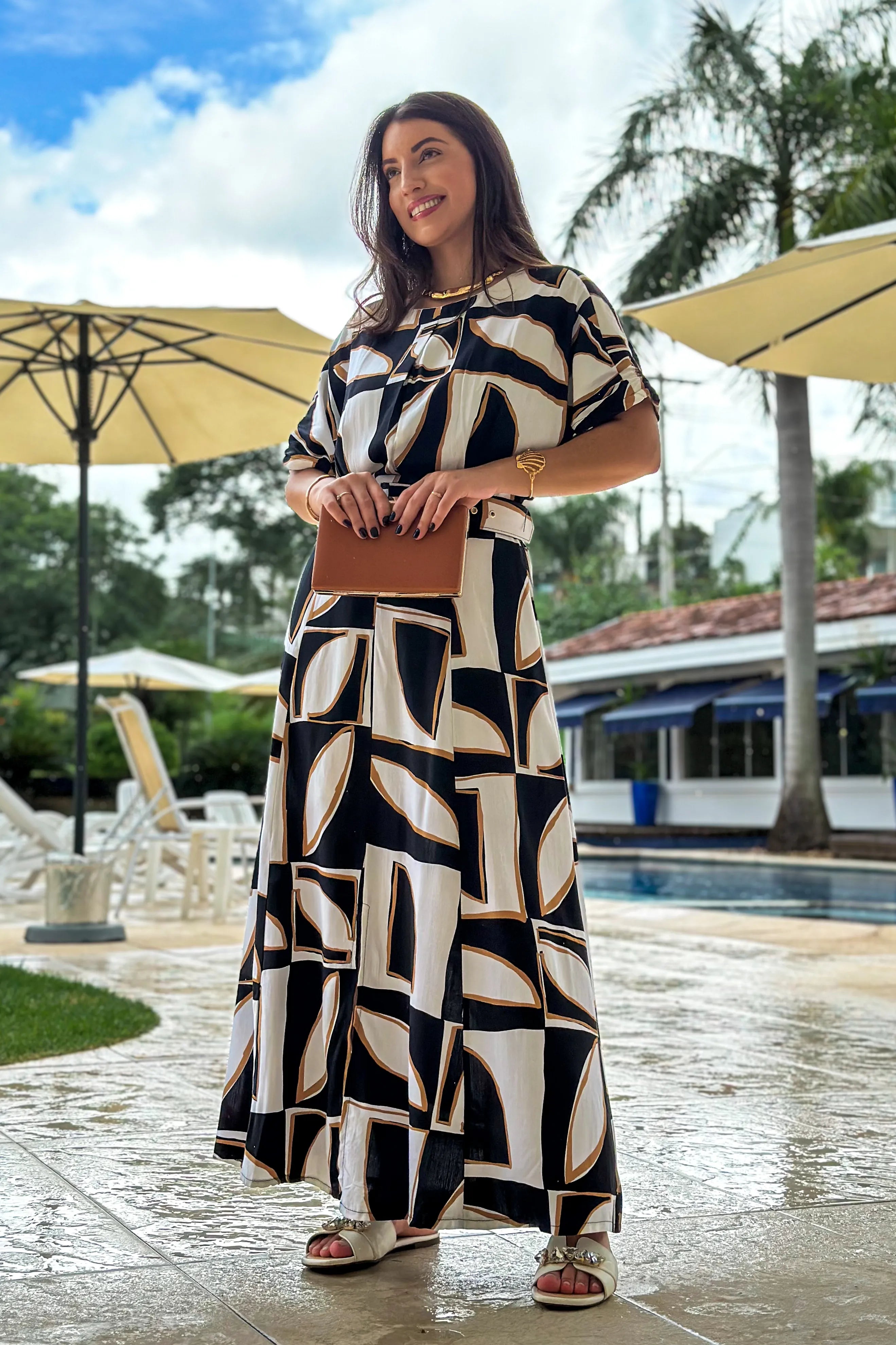 Vestido Midi Com Cinto Encapado Paola Estampado