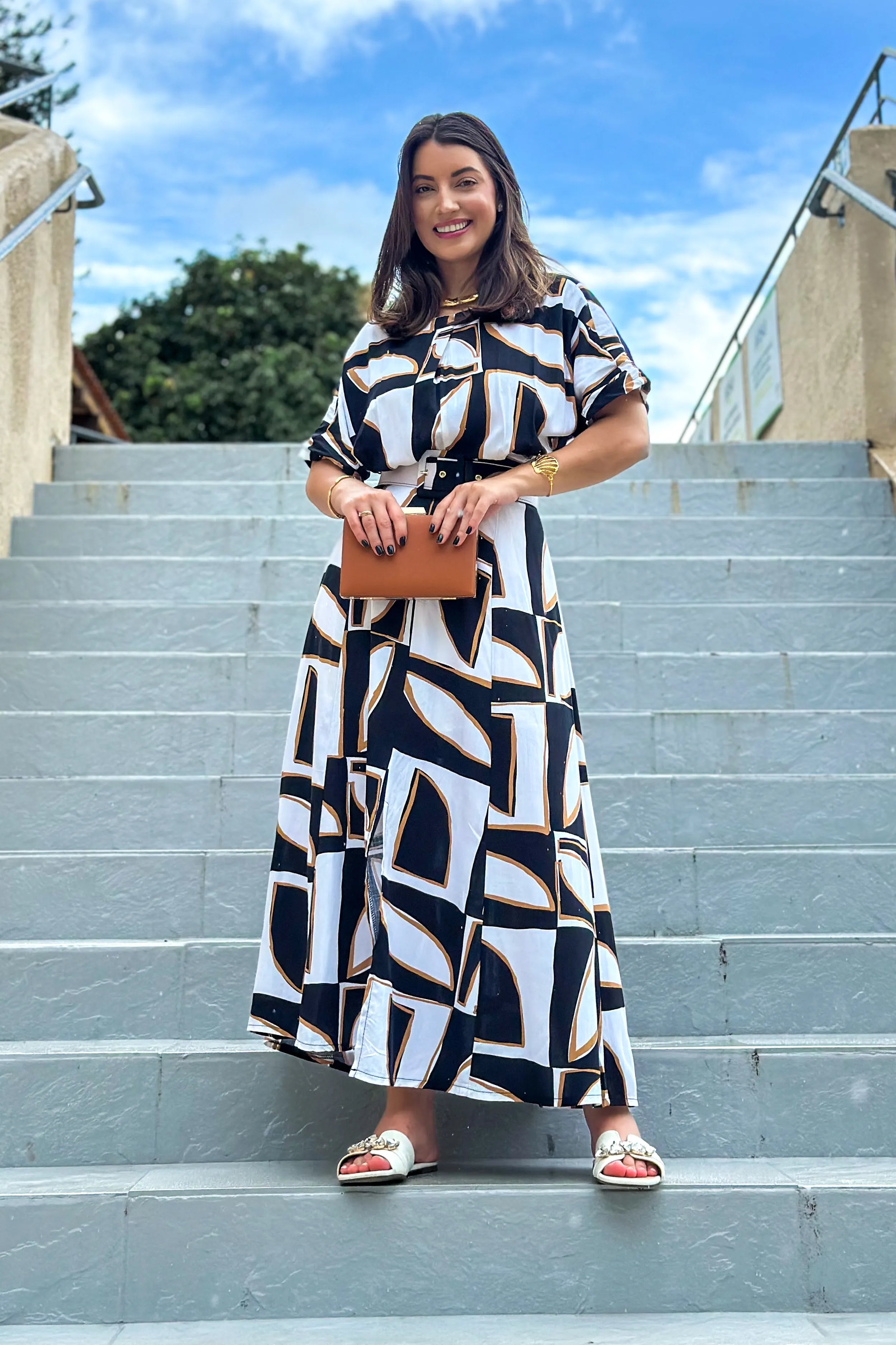 Vestido Midi Com Cinto Encapado Paola Estampado