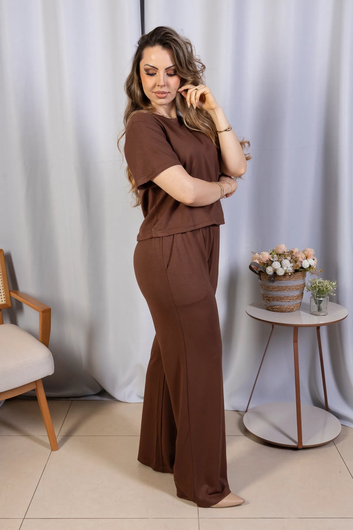 Blusa Manga Curta em Malha Knit Lorena Marrom