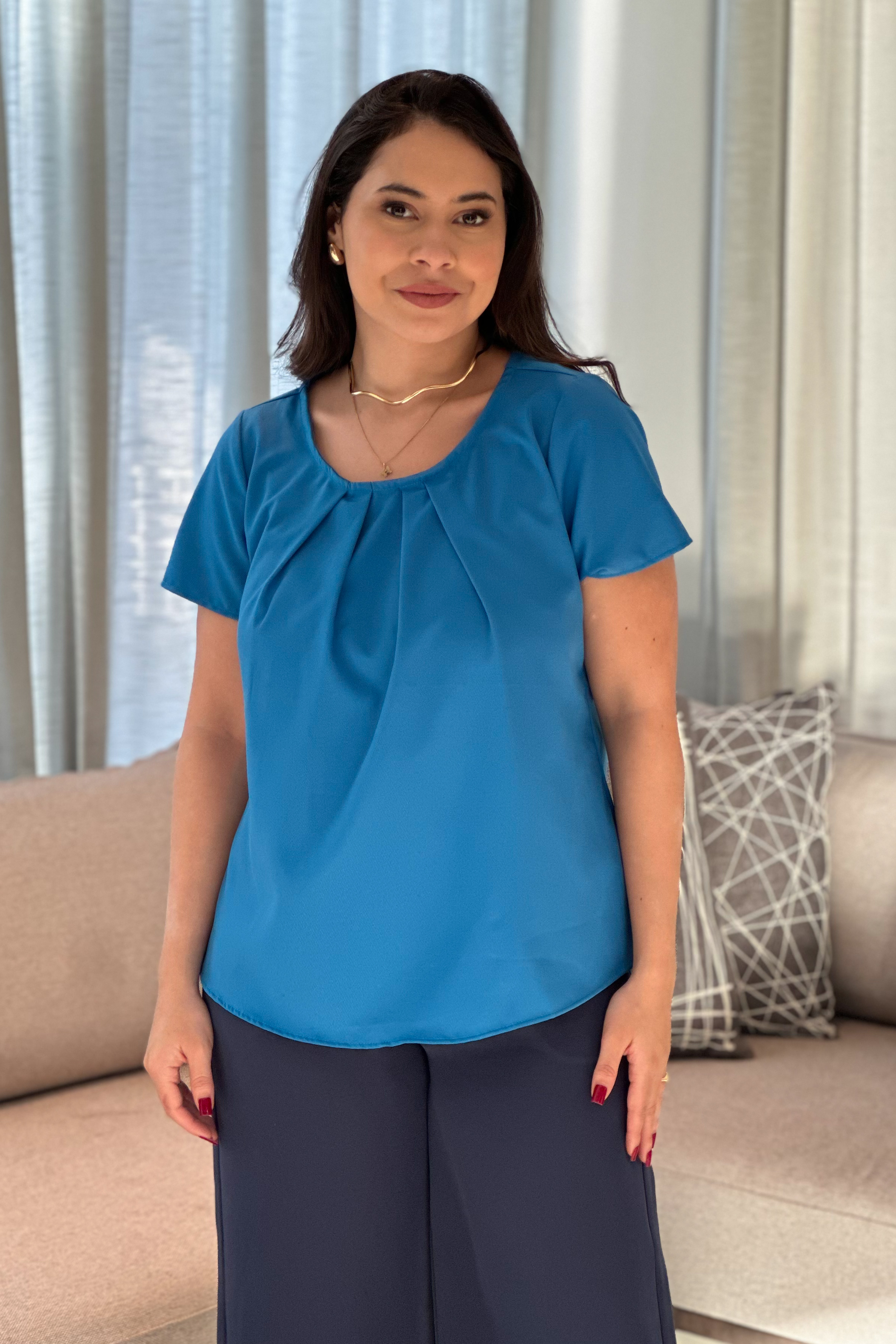 Blusa Textura Decote Pregas Silvia Azul Oceano